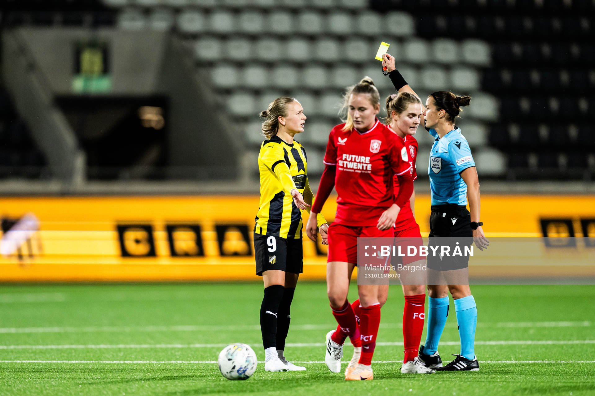 Filippa Curmark of Häcken reacts as she receives a yellow card from referee Eszter Urban during the UEFA Women's Champions League qualifying match between Häcken and Twente on October 11, 2023 in Gothenburg.