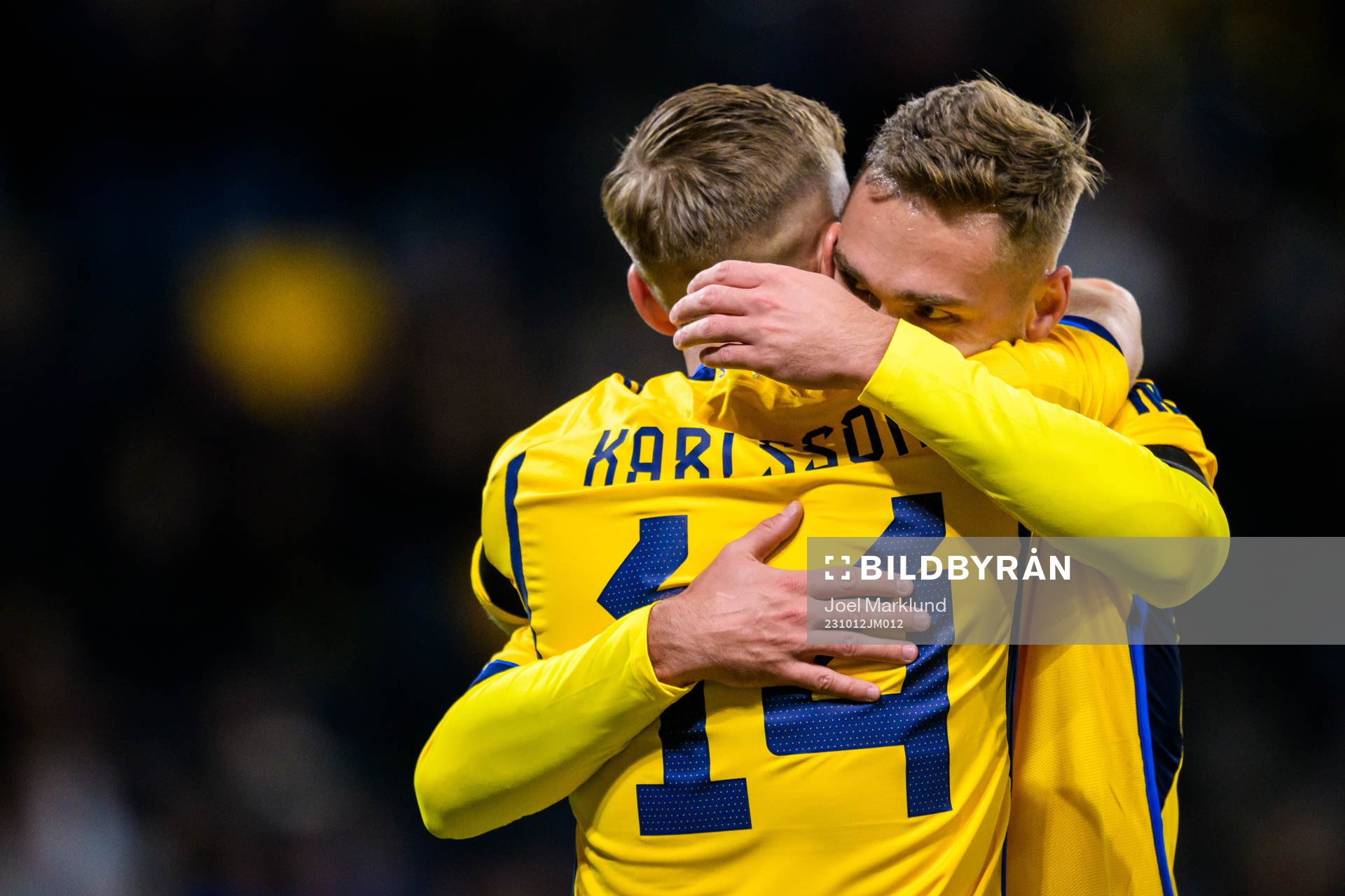 Jesper Karlsson and Linus Wahlqvist Egnell of Sweden celebrating after 1-0 during the international friendly football match between Sweden and Moldova on October 12, 2023 in Stockholm.