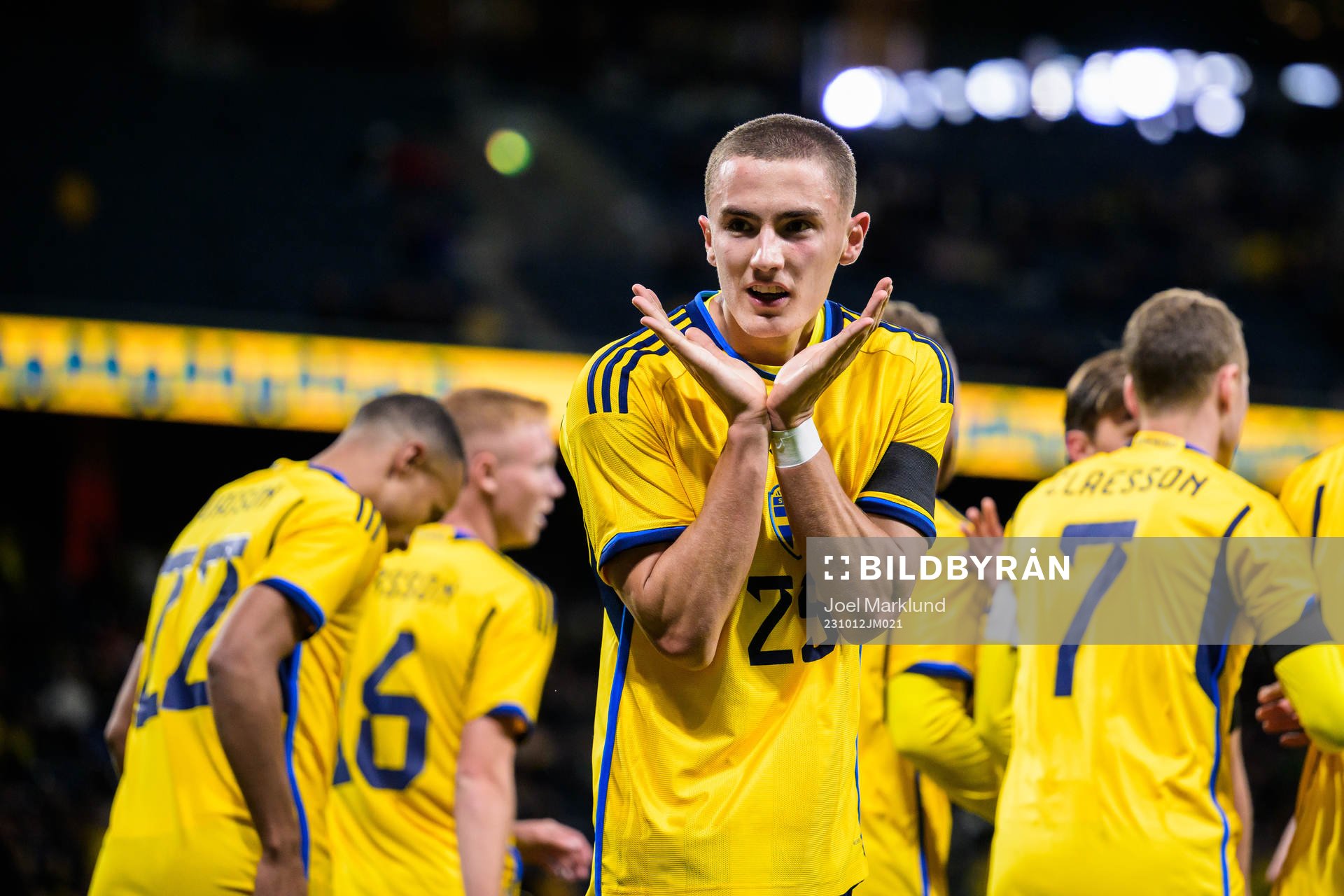 Gustaf Lagerbielke of Sweden celebrating 2-0 during the international friendly football match between Sweden and Moldova on October 12, 2023 in Stockholm.