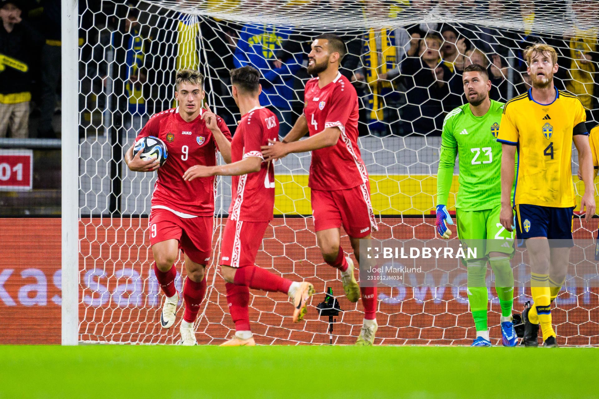 Ion Nicolaescu of Moldova celebrating 2-1 during the international friendly football match between Sweden and Moldova on October 12, 2023 in Stockholm.