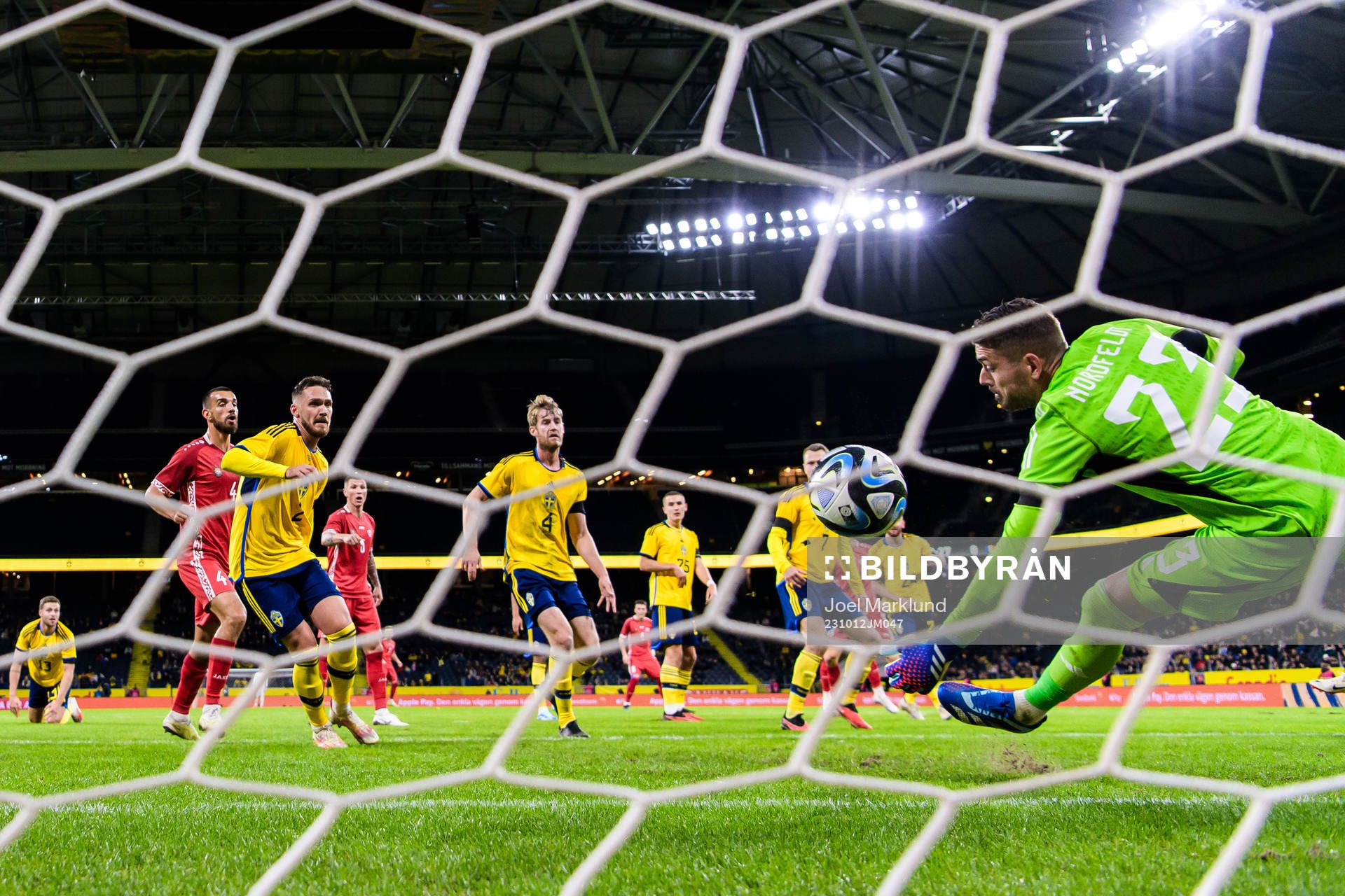 Goalkeeper Kristoffer Nordfeldt of Sweden lets in the 2-1