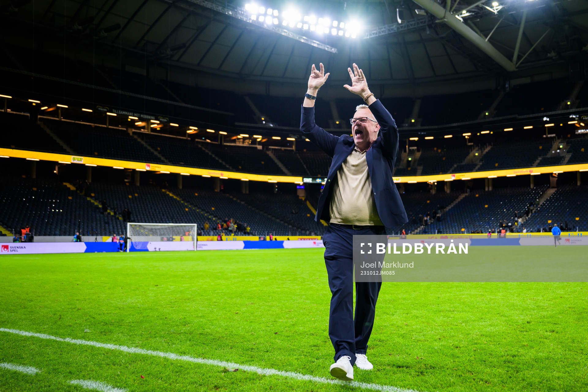 Head coach Janne Andersson of Sweden celebrates during the international friendly football match between Sweden and Moldova on October 12, 2023 in Stockholm.