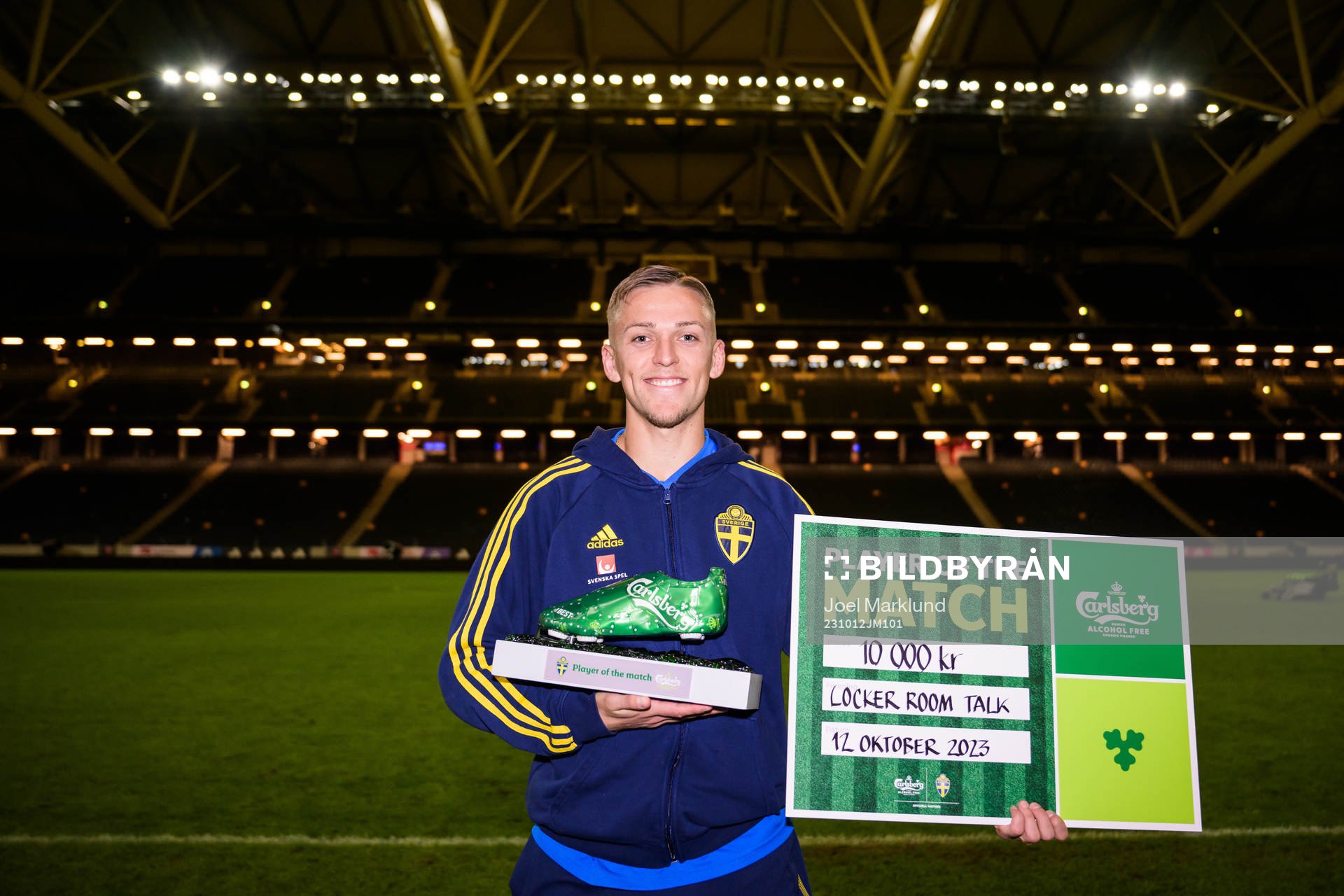 Jesper Karlsson of Sweden awarded Player of the Match after the international friendly football match between Sweden and Moldova on October 12, 2023 in Stockholm.
