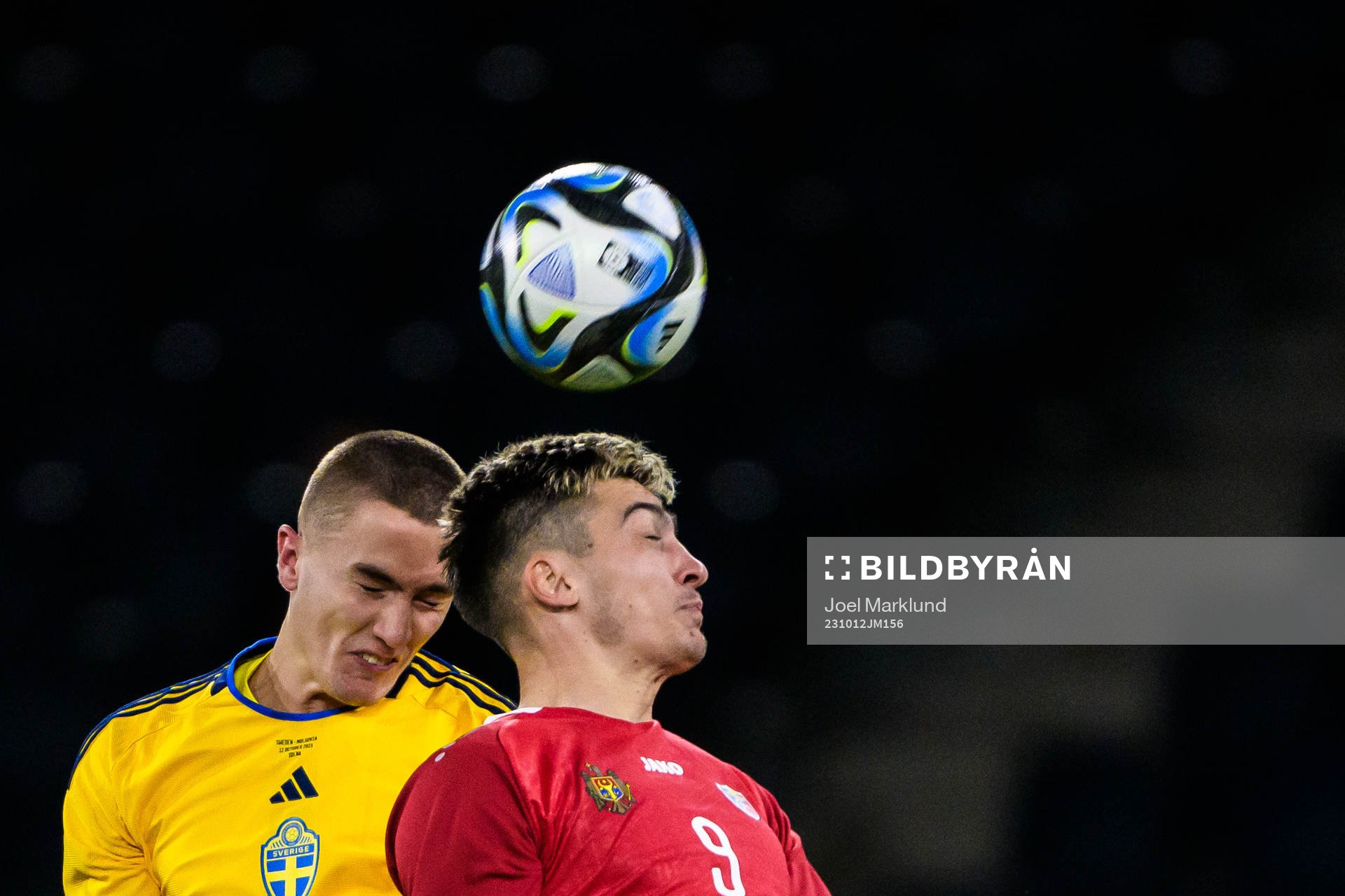 Gustaf Lagerbielke of Sweden and Ion Nicolaescu of Moldova during the international friendly football match between Sweden and Moldova on October 12, 2023 in Stockholm.