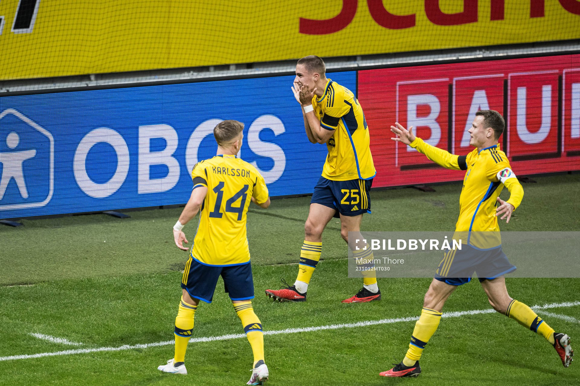 Gustaf Lagerbielke of Sweden celebrating 2-0 during the international friendly football match between Sweden and Moldova on October 12, 2023 in Stockholm. 