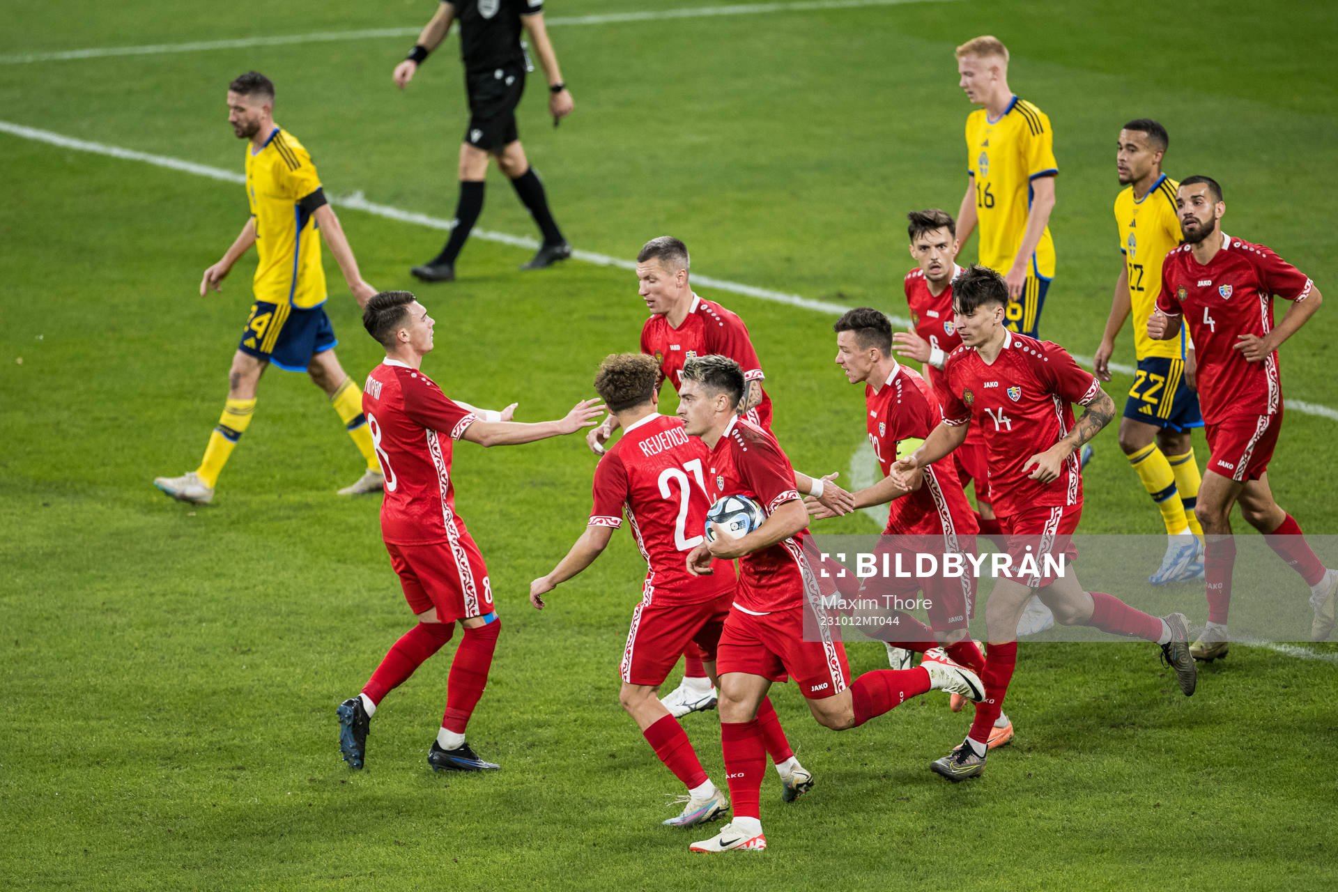 Ion Nicolaescu of Moldova celebrating 2-1 during the international friendly football match between Sweden and Moldova on October 12, 2023 in Stockholm.