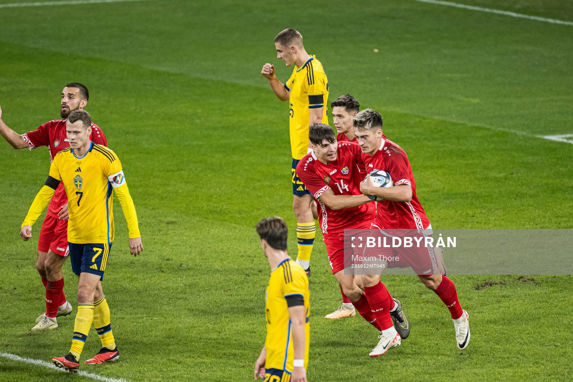 Ion Nicolaescu of Moldova celebrating 2-1 during the international friendly football match between Sweden and Moldova on October 12, 2023 in Stockholm.