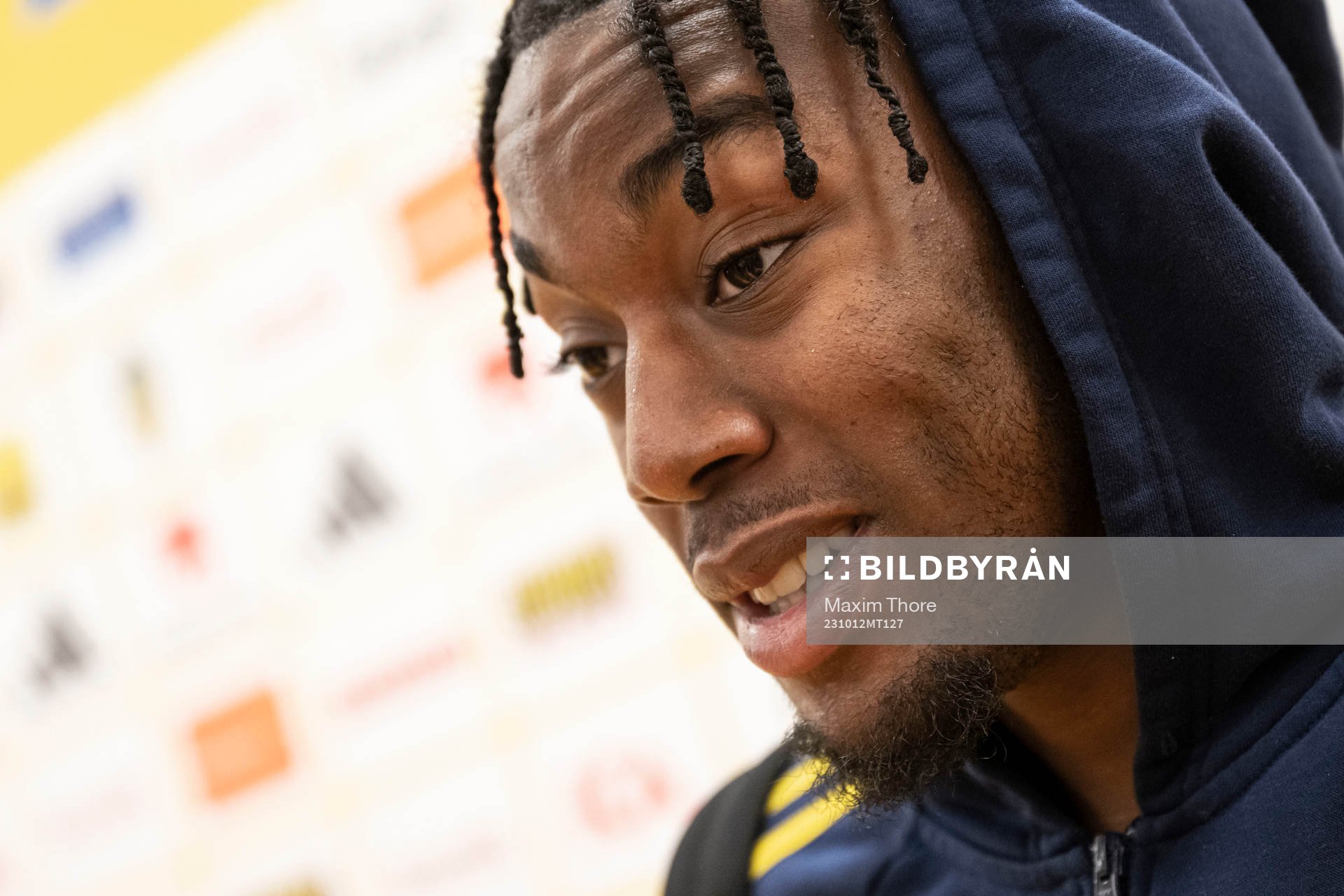 Anthony Elanga of Sweden in the mixed zone after the international friendly football match between Sweden and Moldova on October 12, 2023 in Stockholm.