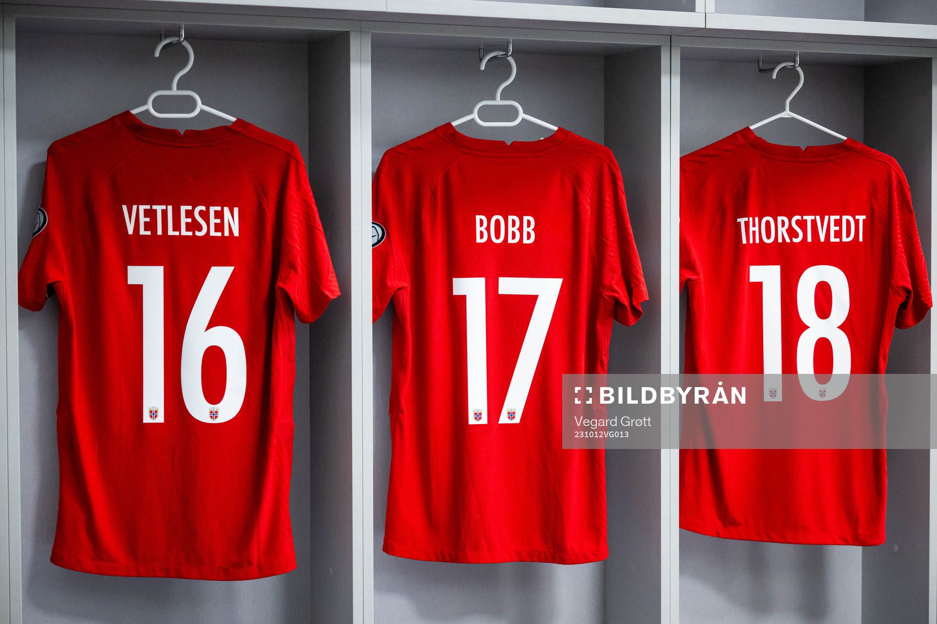 The kits of Hugo Vetlesen, Oscar Bobb and Kristian Thorstvedt of Norway in the dressing room ahead of the UEFA Euro Qualifier football match between Cyprus and Norway on October 12, 2023 in Larnaca.