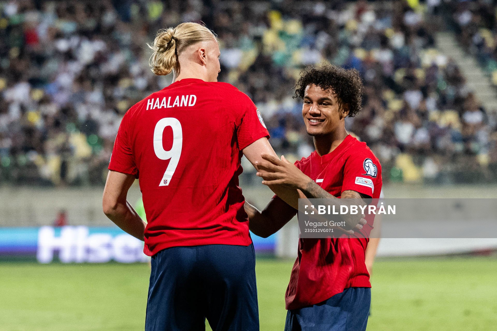 Erling Braut Haaland of Norway celebrates with Oscar Bobb after 0-2 during the UEFA Euro Qualifier football match between Cyprus and Norway on October 12, 2023 in Larnaca.