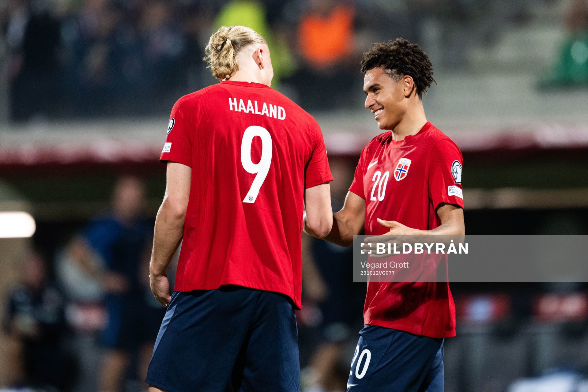 Erling Braut Haaland of Norway celebrates with Antonio Nusa
