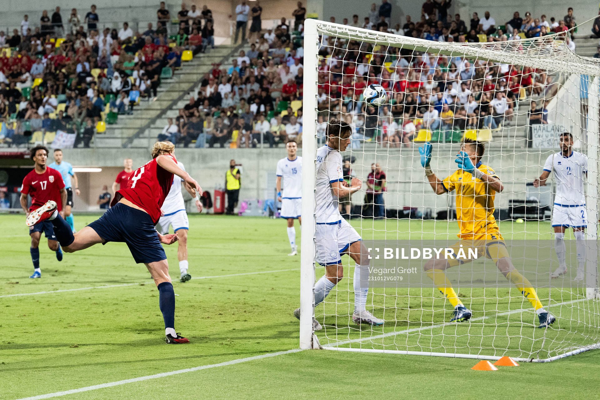 Erling Braut Haaland of Norway scores 0-3 during the UEFA Euro Qualifier football match between Cyprus and Norway on October 12, 2023 in Larnaca.