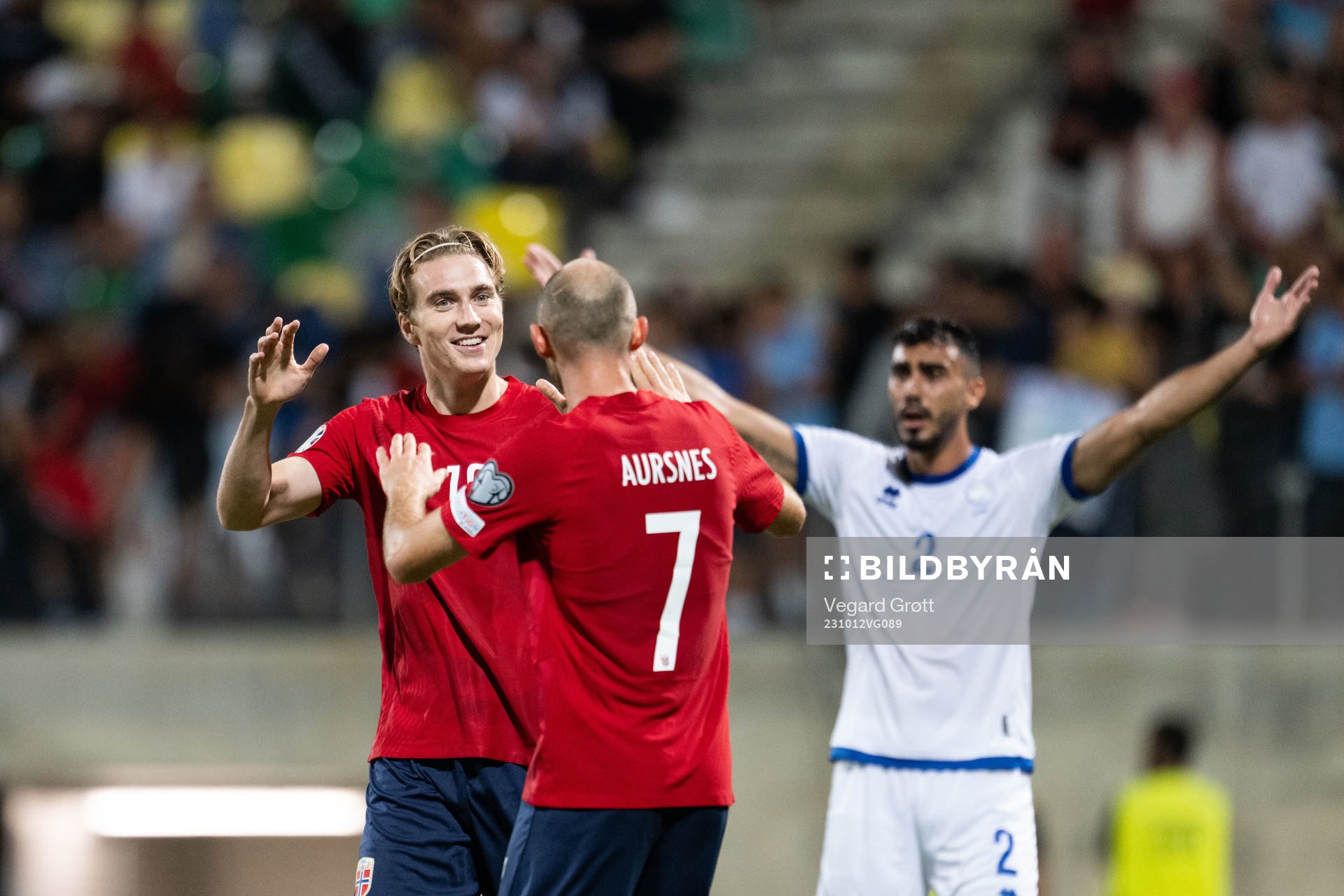 Kristian Thorstvedt and Fredrik Aursnes of Norway celebrate after 0-4 during the UEFA Euro Qualifier football match between Cyprus and Norway on October 12, 2023 in Larnaca.