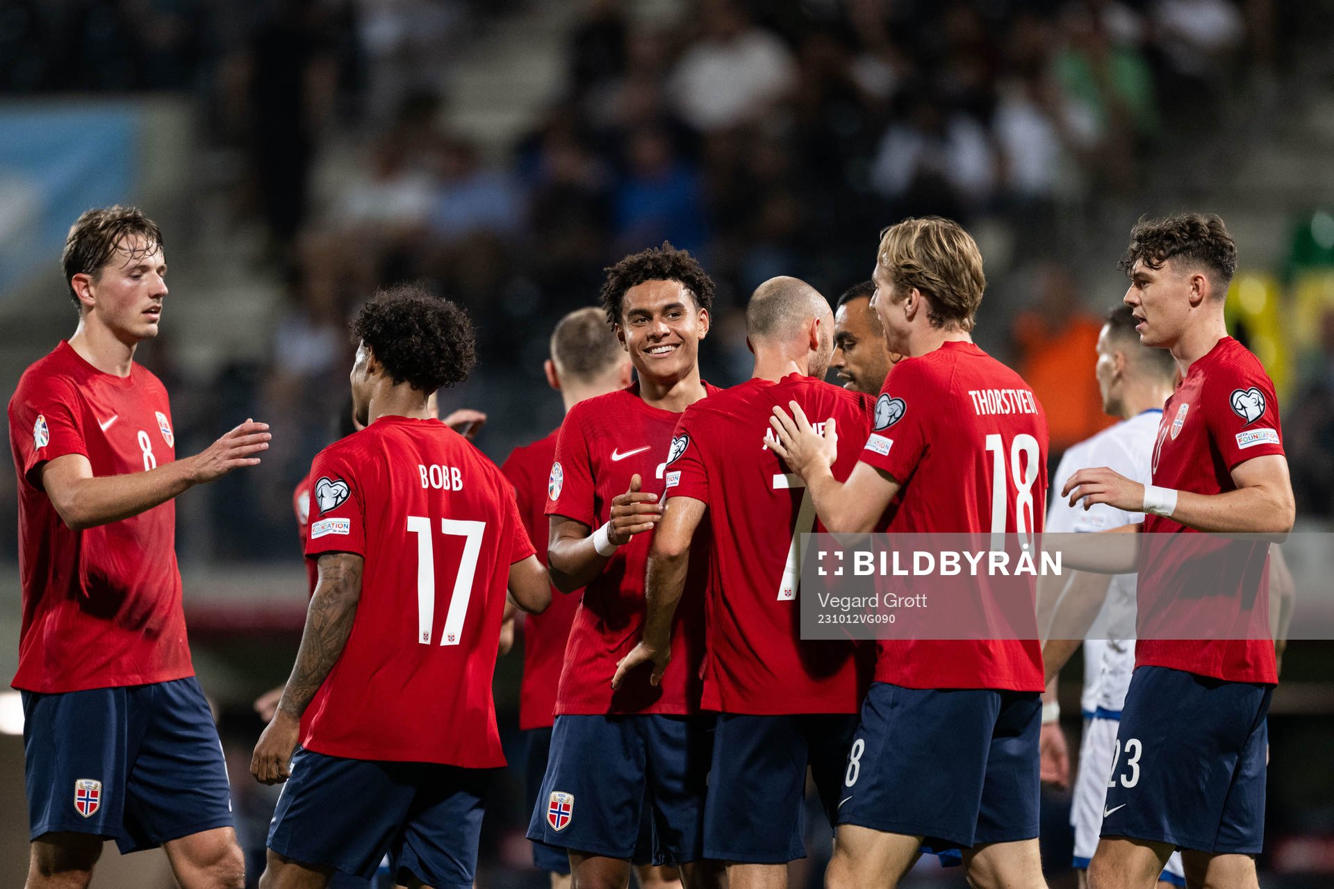 Antonio Nusa of Norway celebrates after 0-4 during the UEFA Euro Qualifier football match between Cyprus and Norway on October 12, 2023 in Larnaca.
