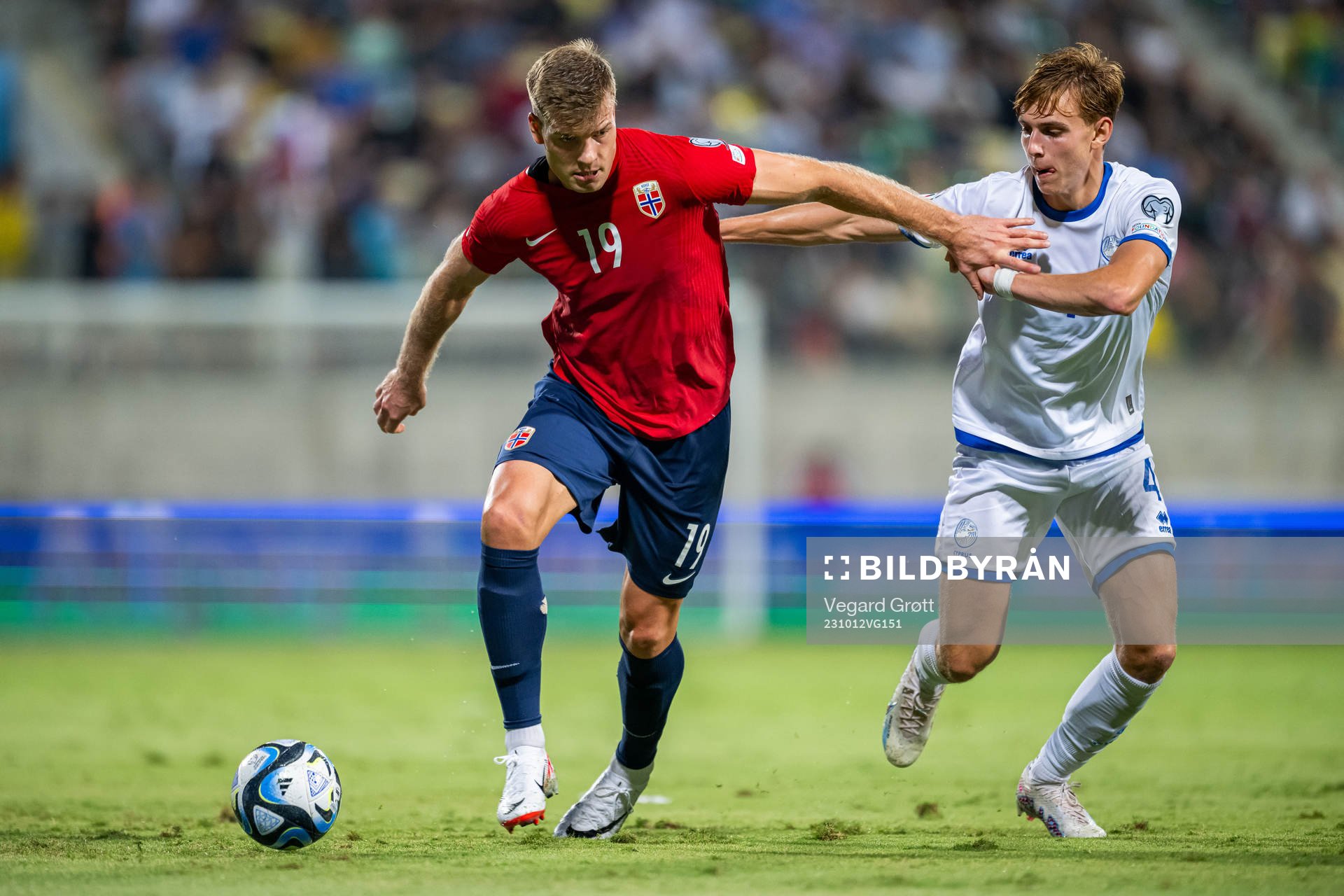 Alexander Sørloth of Norway and Hector Kyprianou of Cyprus