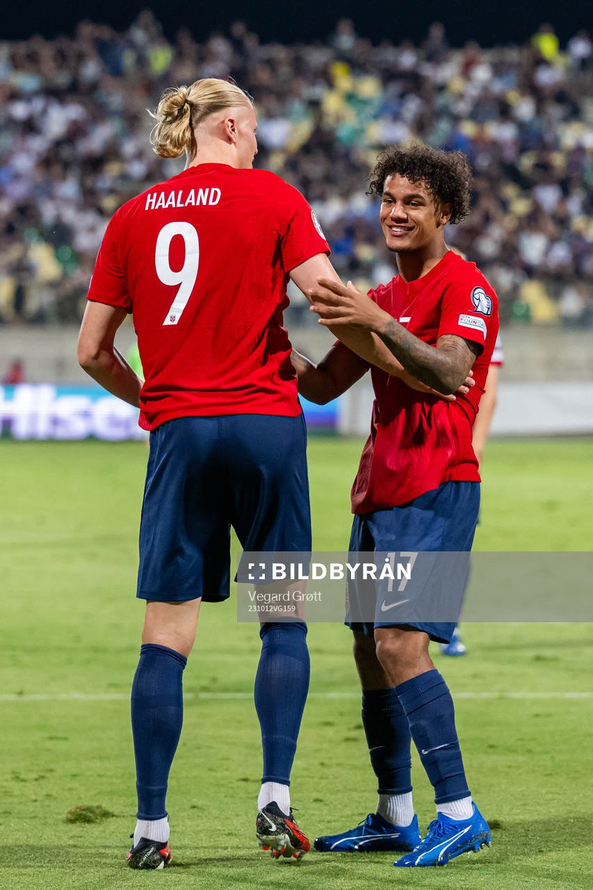 Erling Braut Haaland of Norway celebrates with teammate