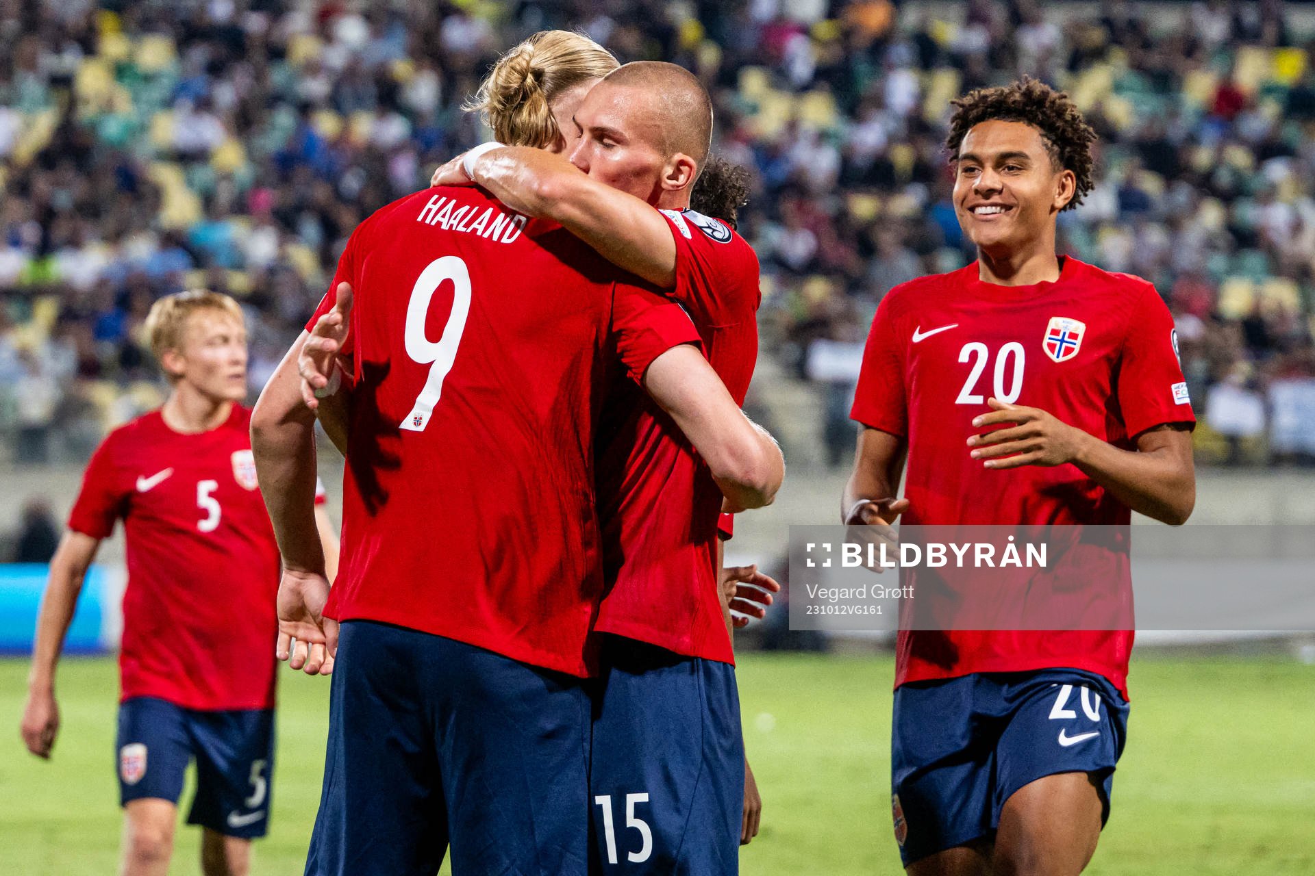 Erling Braut Haaland of Norway celebrates with teammates
