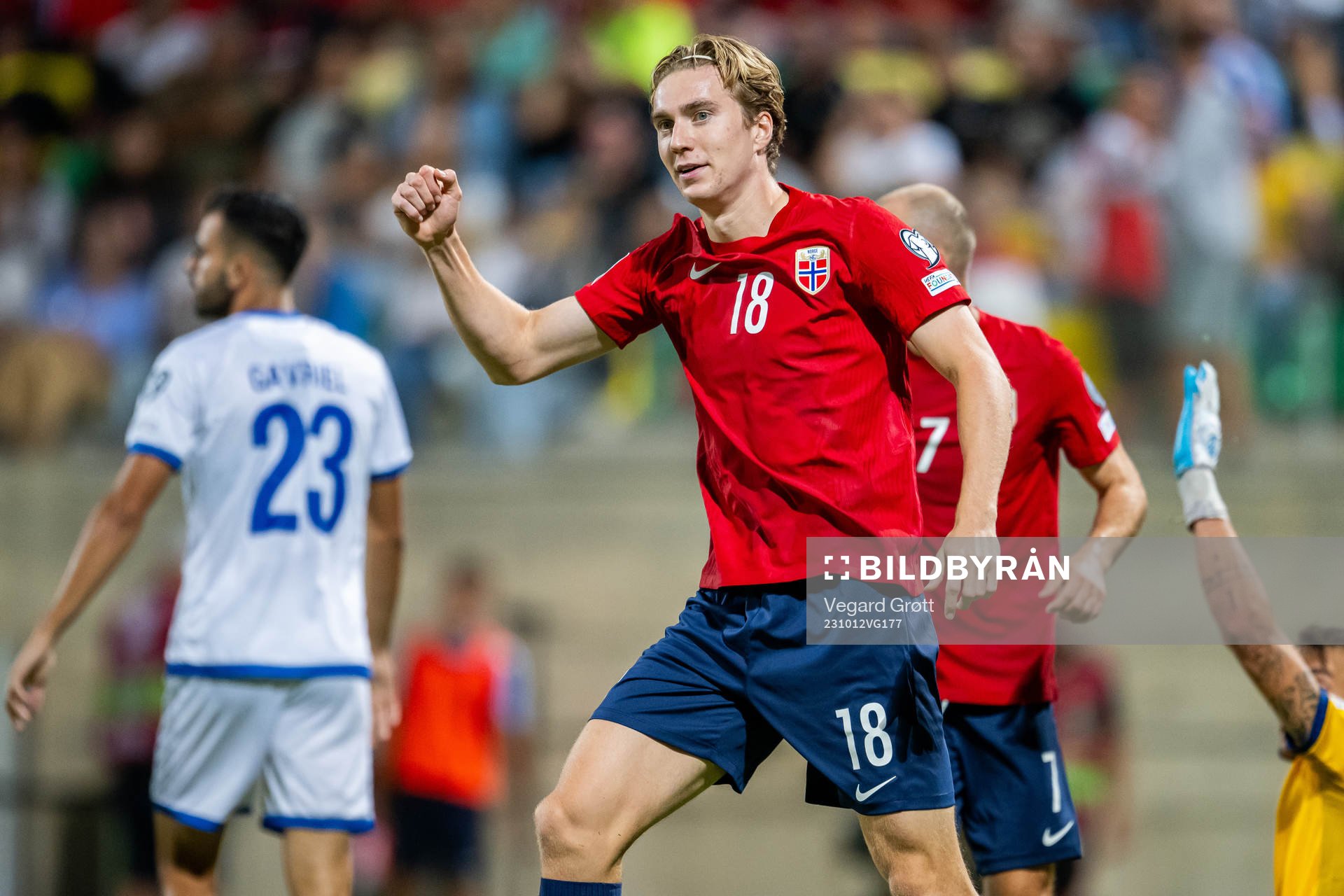 Kristian Thorstvedt of Norway celebrates after 0-4 during the UEFA Euro Qualifier football match between Cyprus and Norway on October 12, 2023 in Larnaca.