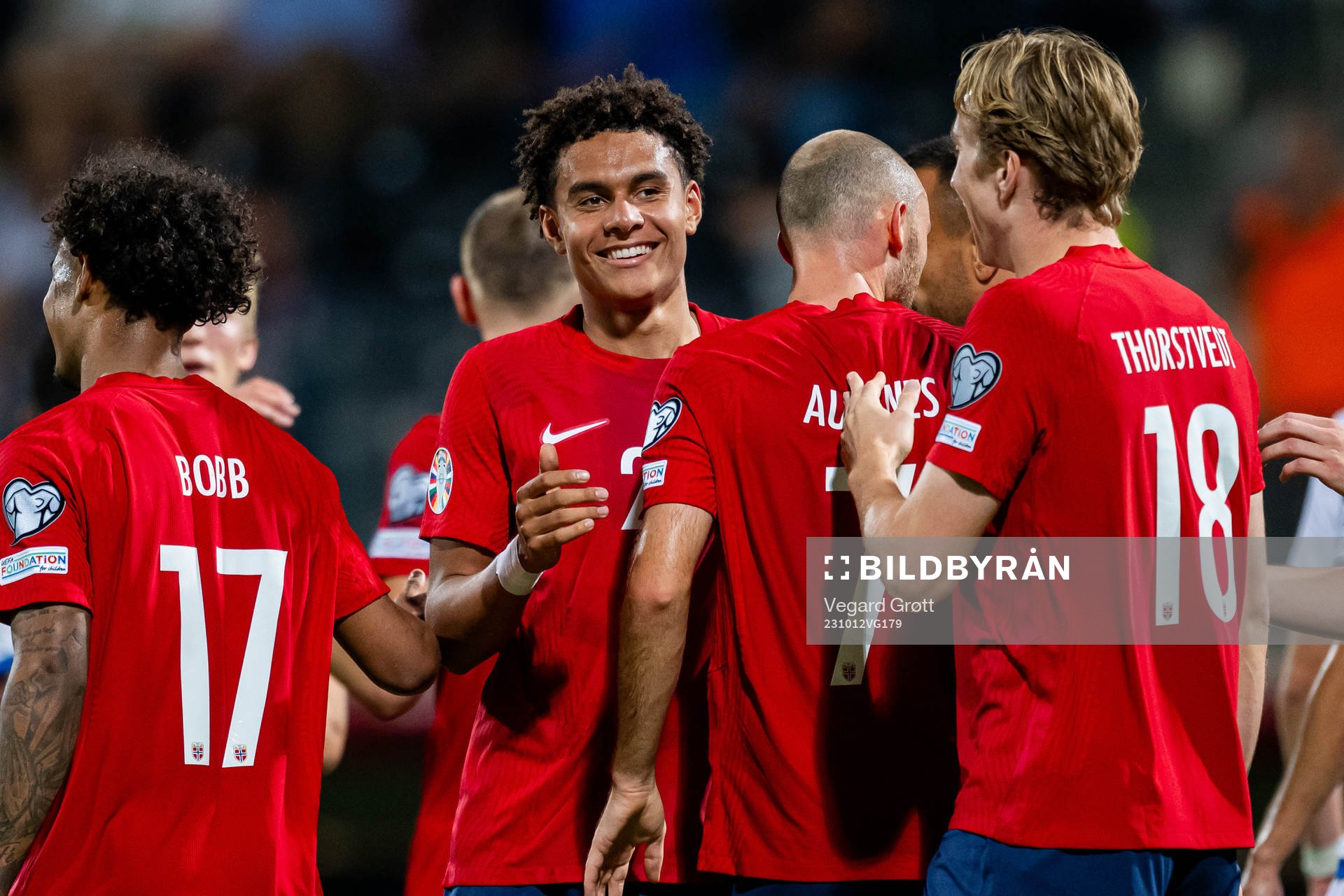 Antonio Nusa and players of Norway celebrate after 0-4 during the UEFA Euro Qualifier football match between Cyprus and Norway on October 12, 2023 in Larnaca.