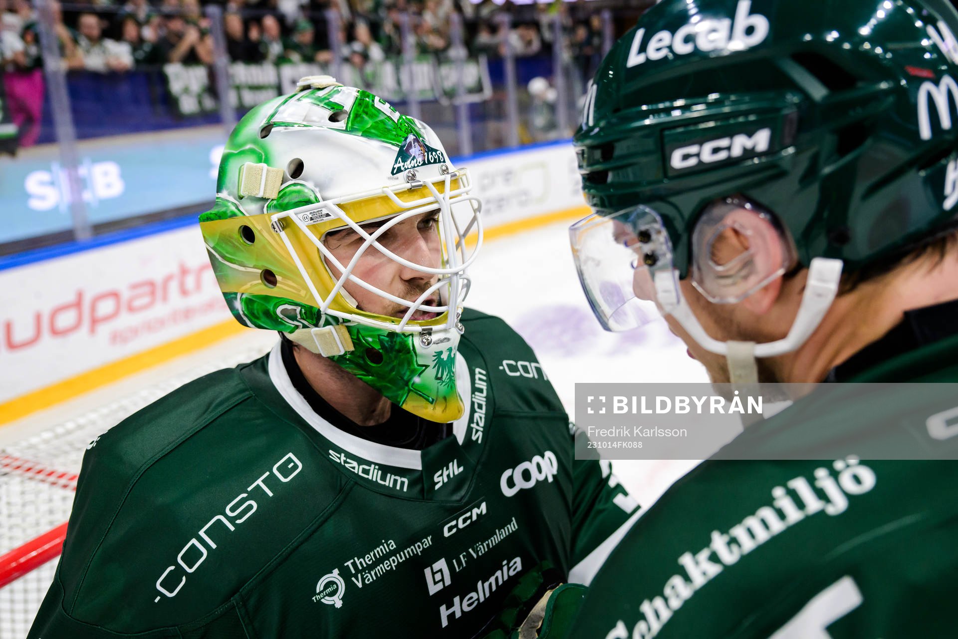 Färjestads målvakt Maxime Lagacé och Victor Ejdsell