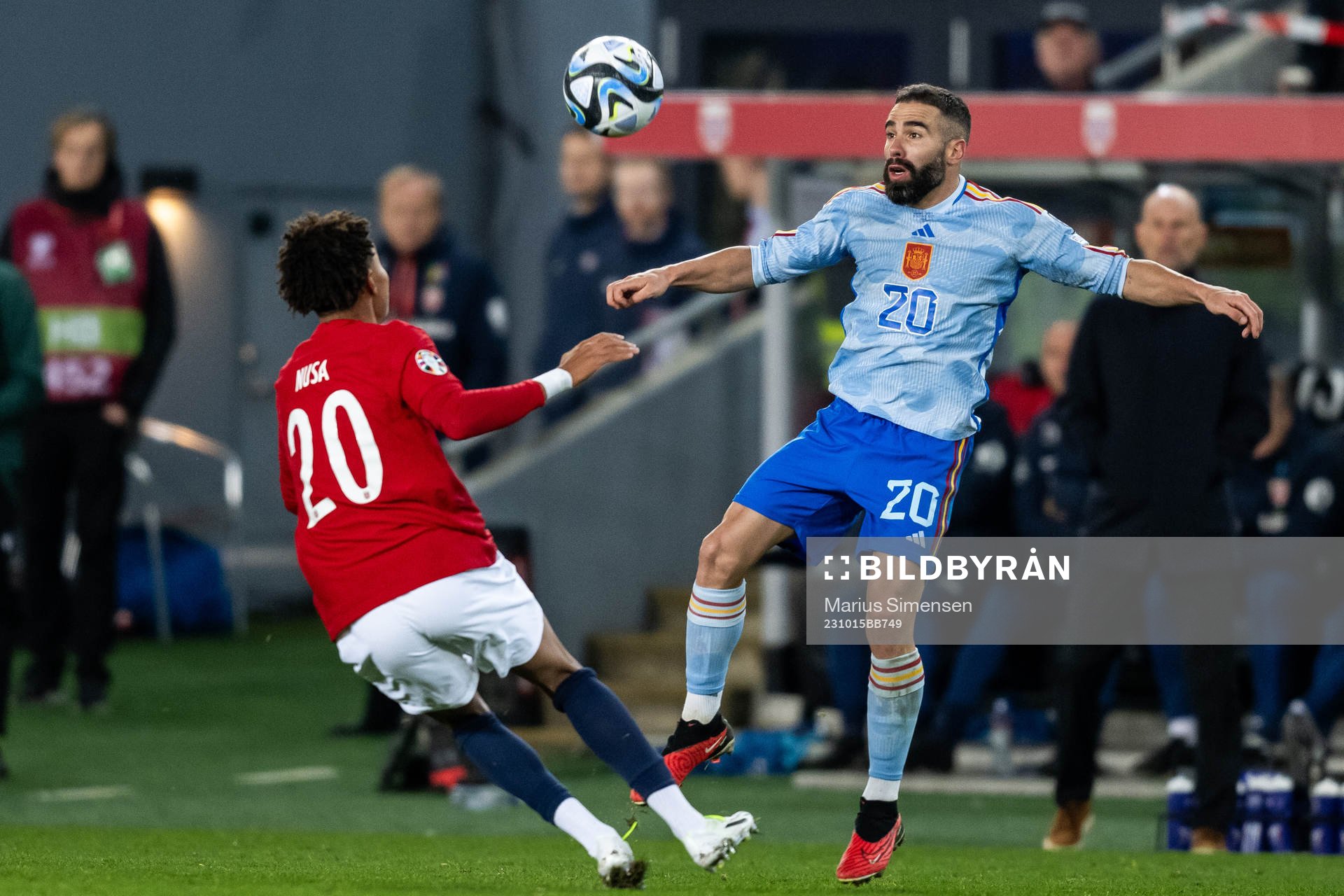 Antonio Nusa of Norway and Dani Carvajal of Spain during the UEFA Euro Qualifier football match between Norway and Spain on October 15, 2023 in Oslo.