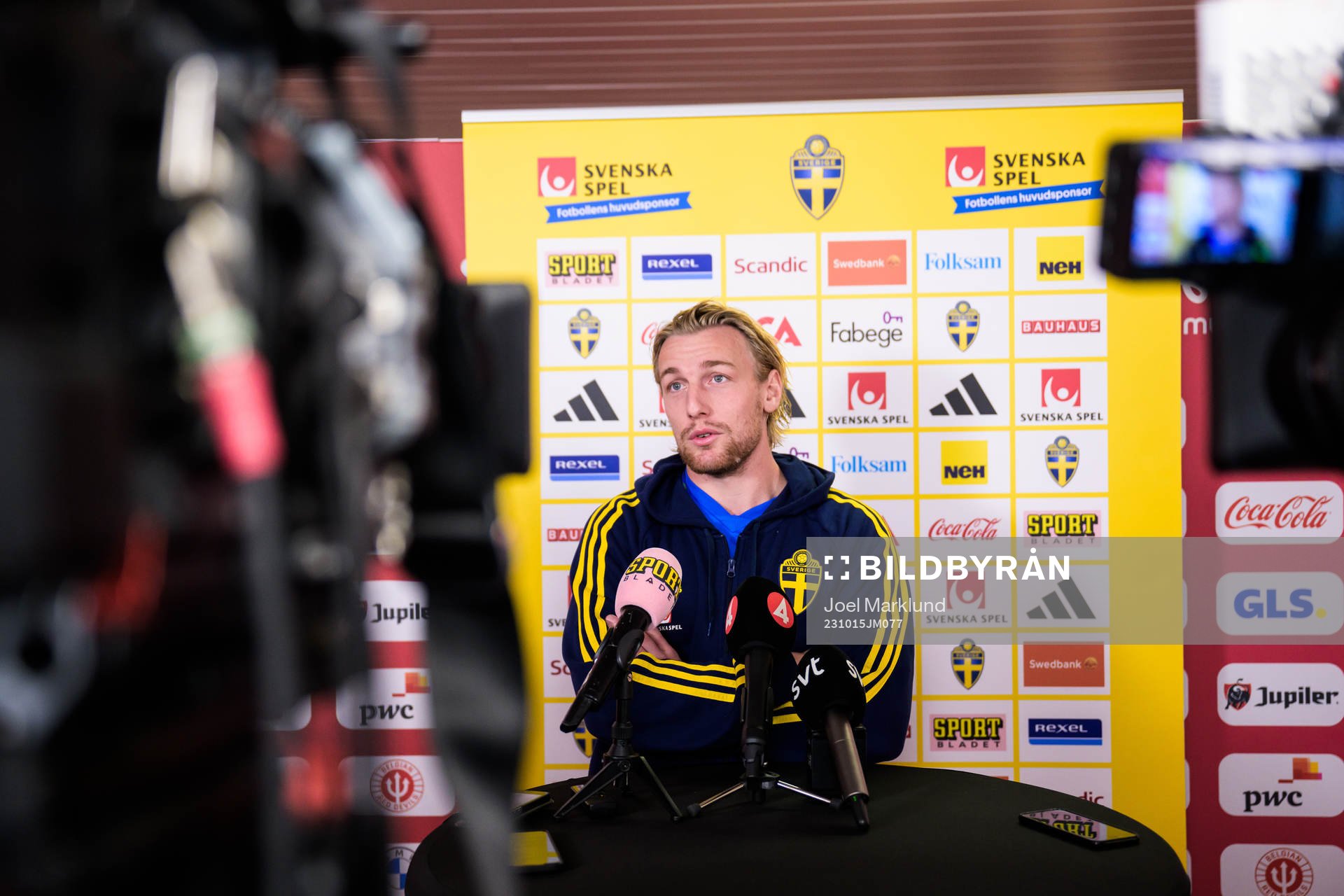 Emil Forsberg of the Swedish national football team during a mixed zone session on October 15, 2023 in Brussels. 