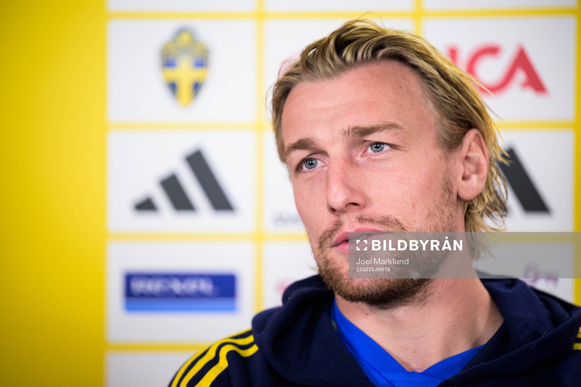 Emil Forsberg of the Swedish national football team during a mixed zone session on October 15, 2023 in Brussels. 