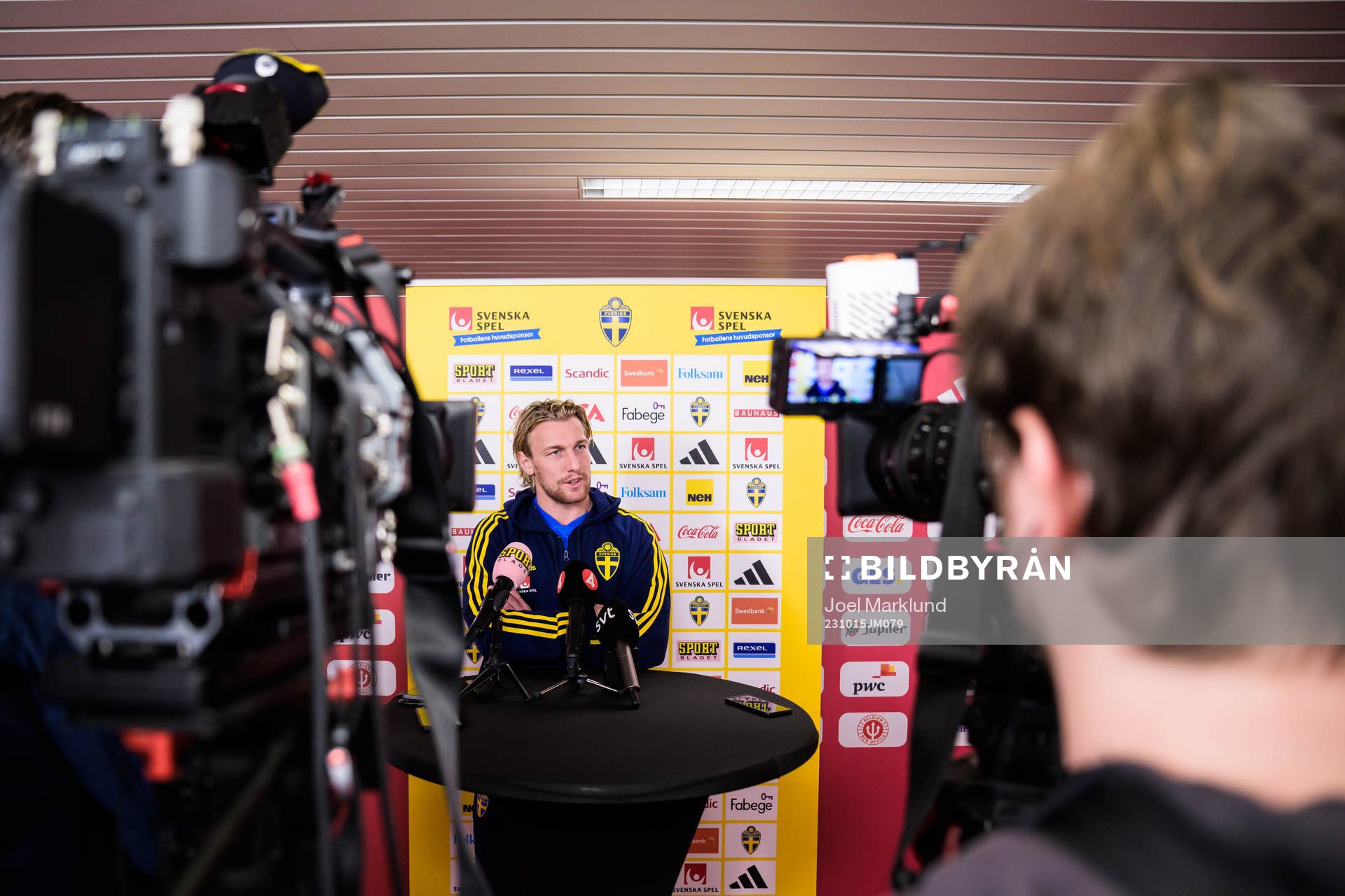Emil Forsberg of the Swedish national football team during a mixed zone session on October 15, 2023 in Brussels. 
