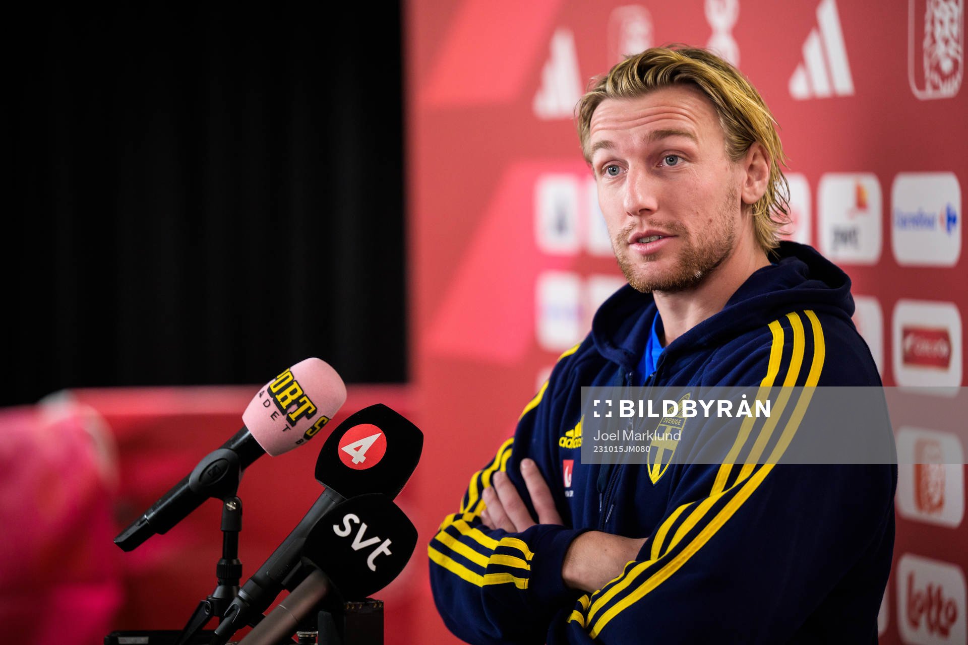 Emil Forsberg of the Swedish national football team during a mixed zone session on October 15, 2023 in Brussels. 