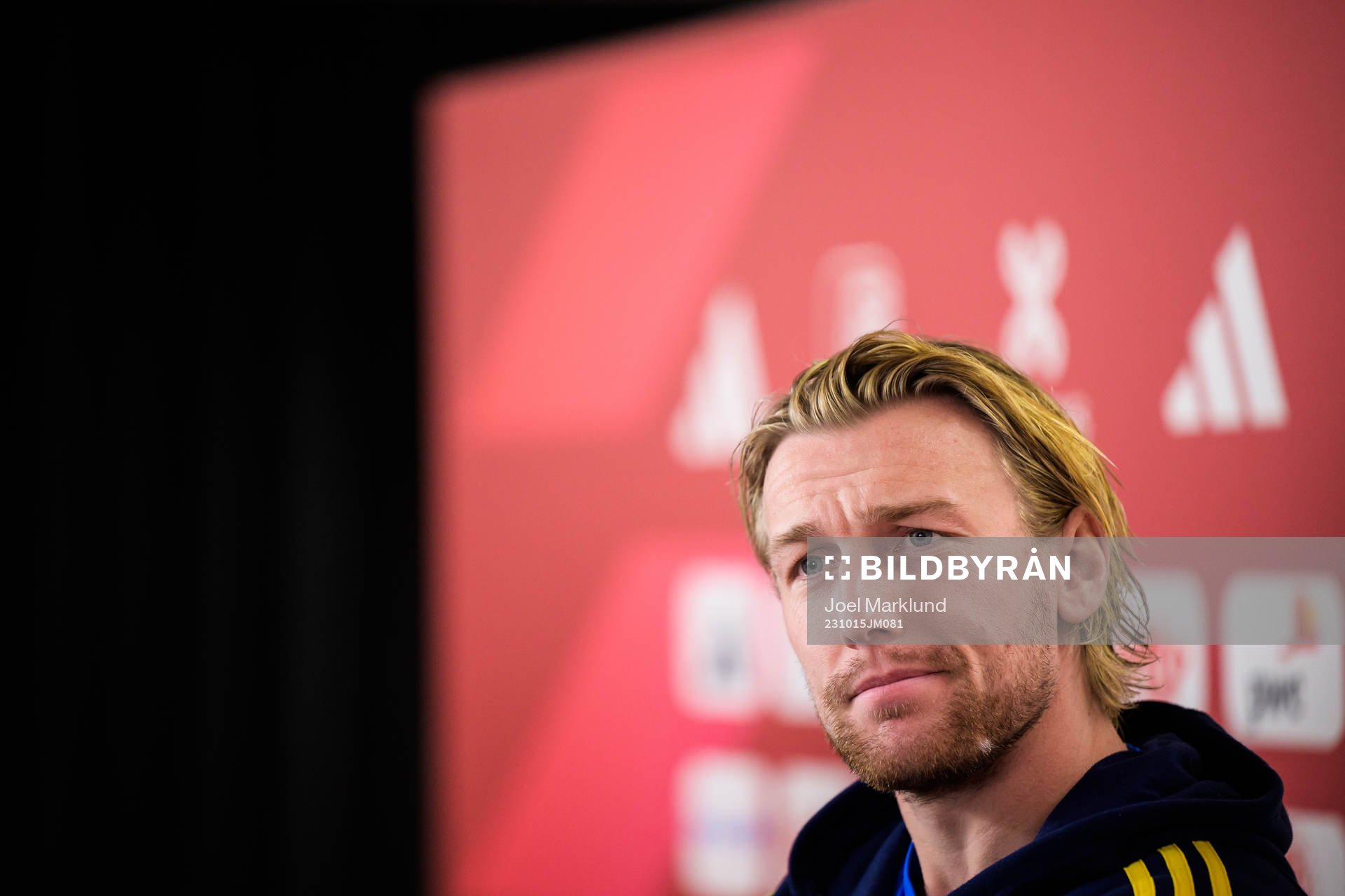 Emil Forsberg of the Swedish national football team during a mixed zone session on October 15, 2023 in Brussels. 