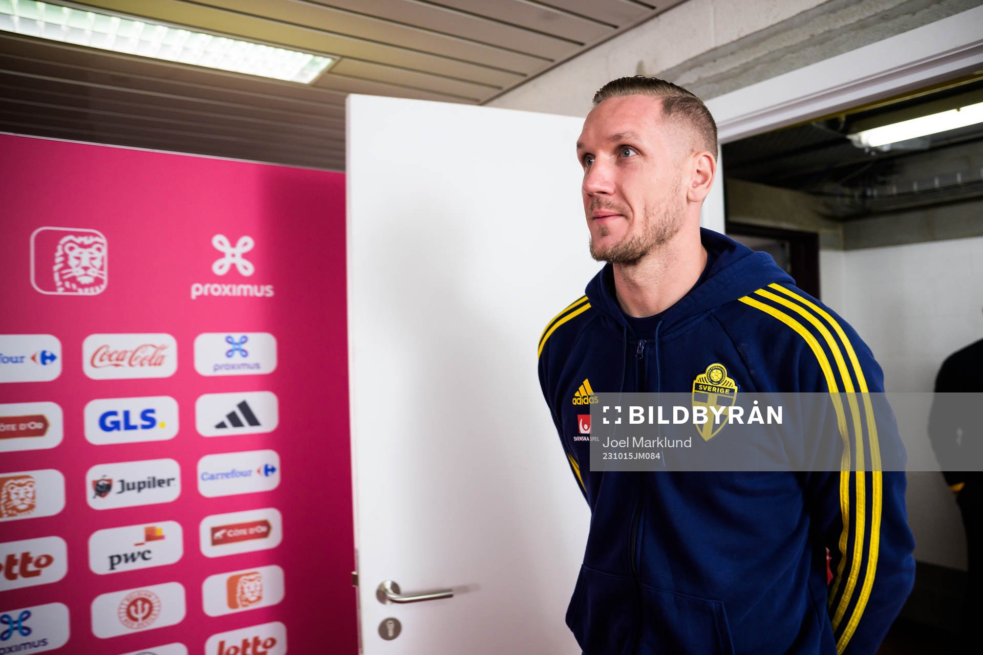 Robin Olsen of the Swedish national football team during a mixed zone session on October 15, 2023 in Brussels. 