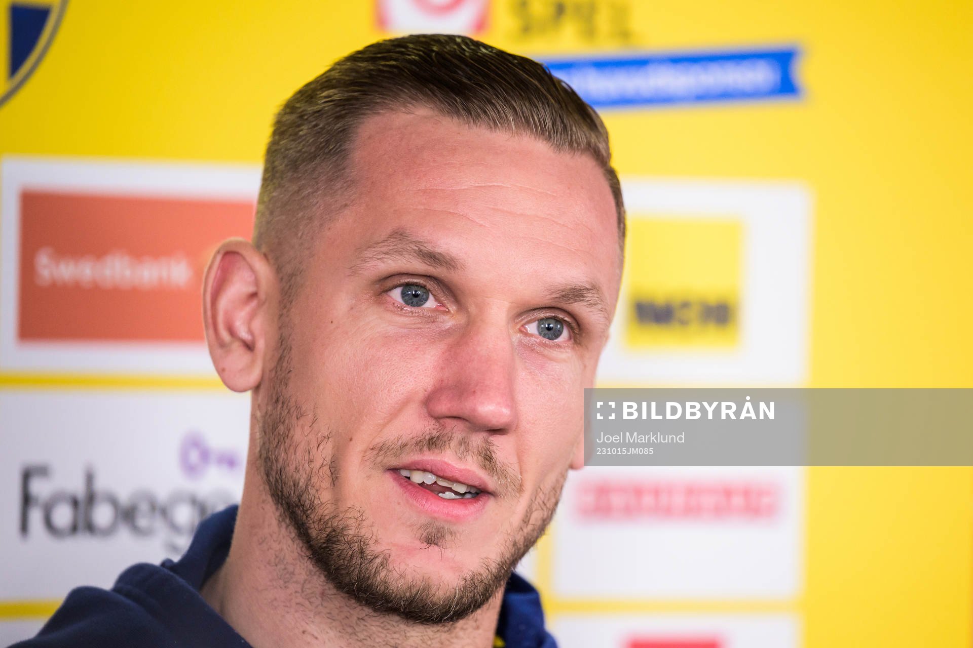 Robin Olsen of the Swedish national football team during a mixed zone session on October 15, 2023 in Brussels. 