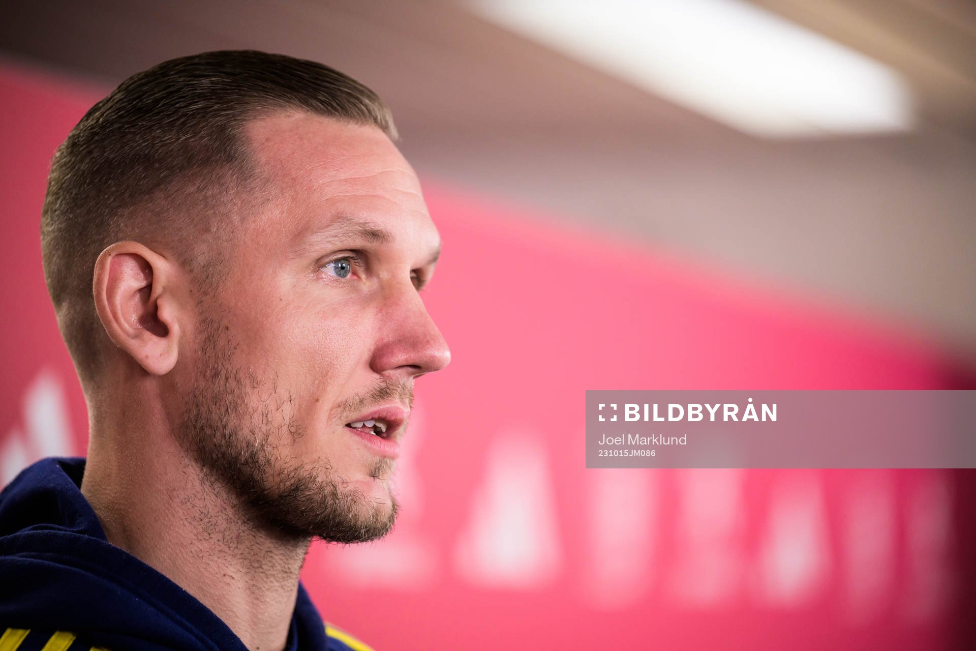 Robin Olsen of the Swedish national football team during a mixed zone session on October 15, 2023 in Brussels. 