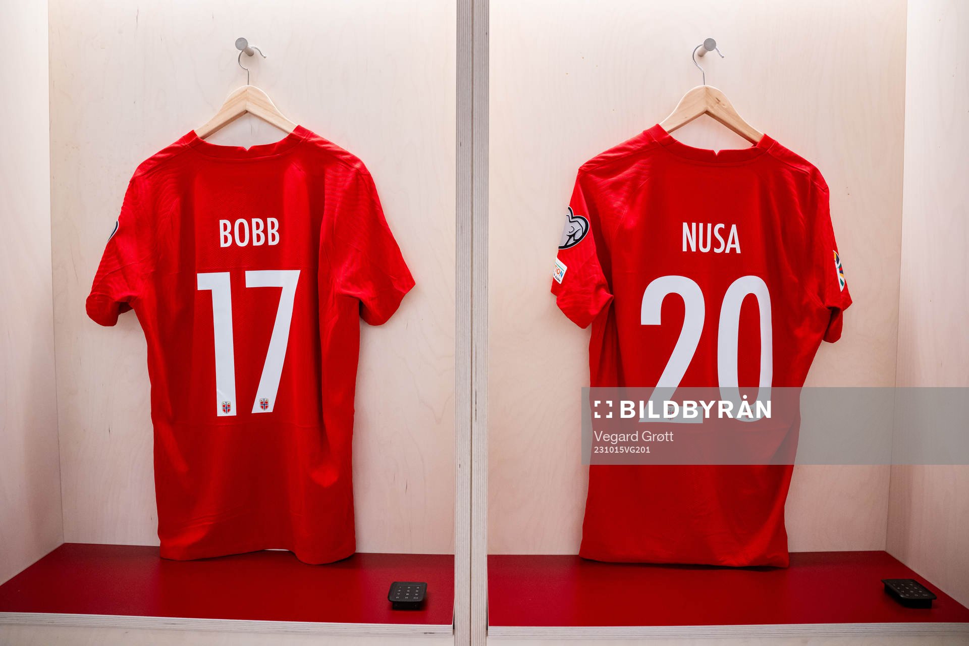 The kits of Oscar Bobb and Antonio Nusa of Norway in the