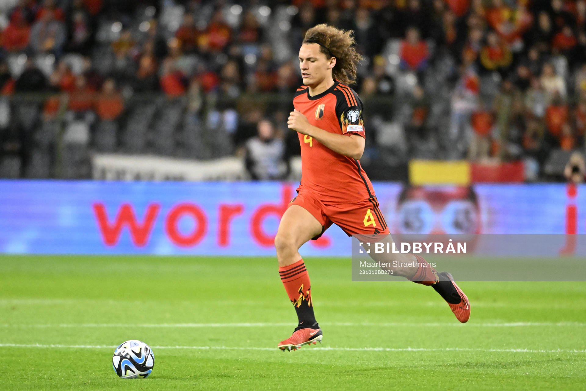 Football, UEFA Euro Qualifier, Belgium - Sweden:Wout Faes of Belgium in action with the ball during the seventh game in group F of the UEFA Qualifying Round of the European Championship 2024 between Belgium and Sweden on Oktober 16, 2023 in Brussels, Belgium. (