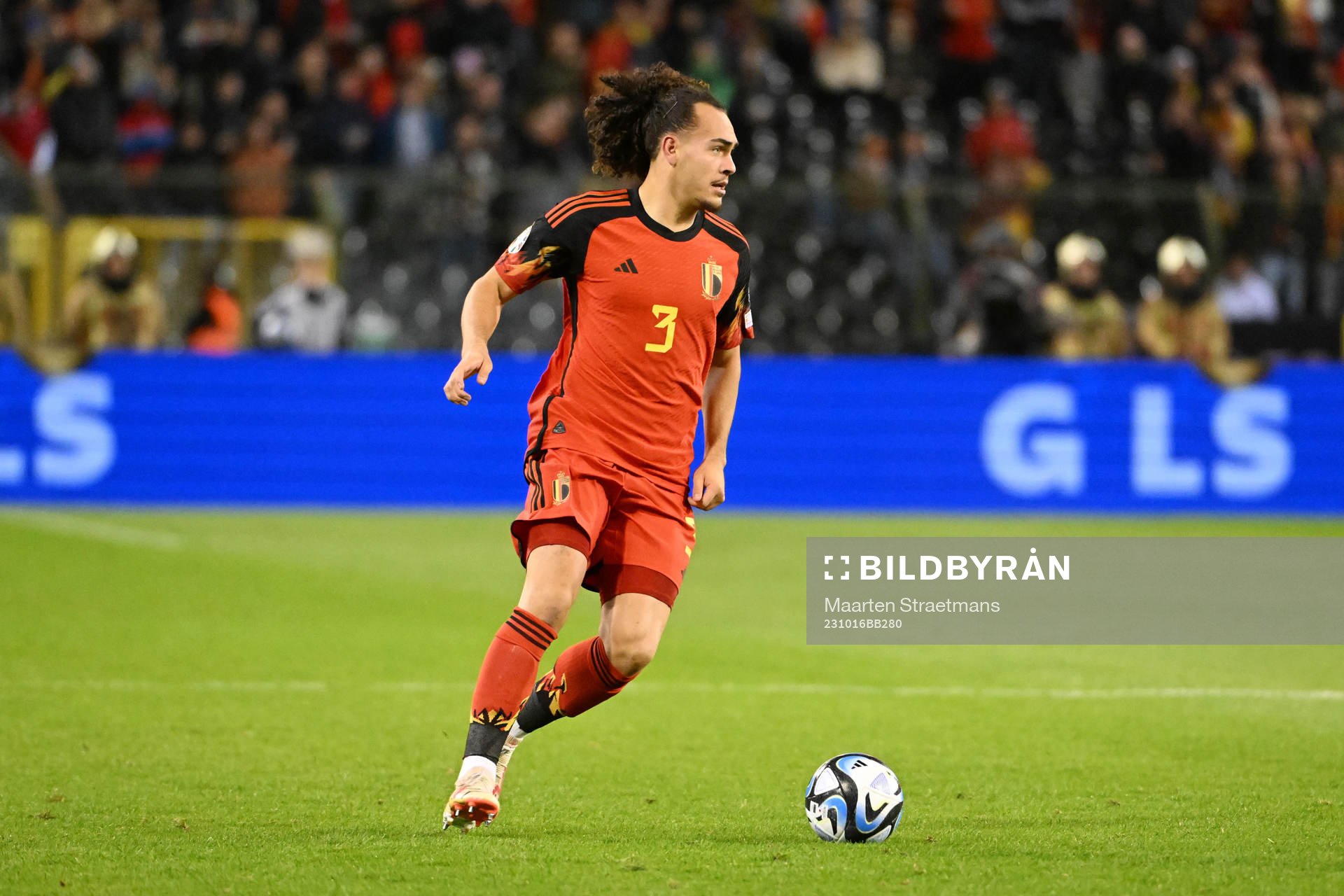 Arthur Theate of Belgium in action with the ball