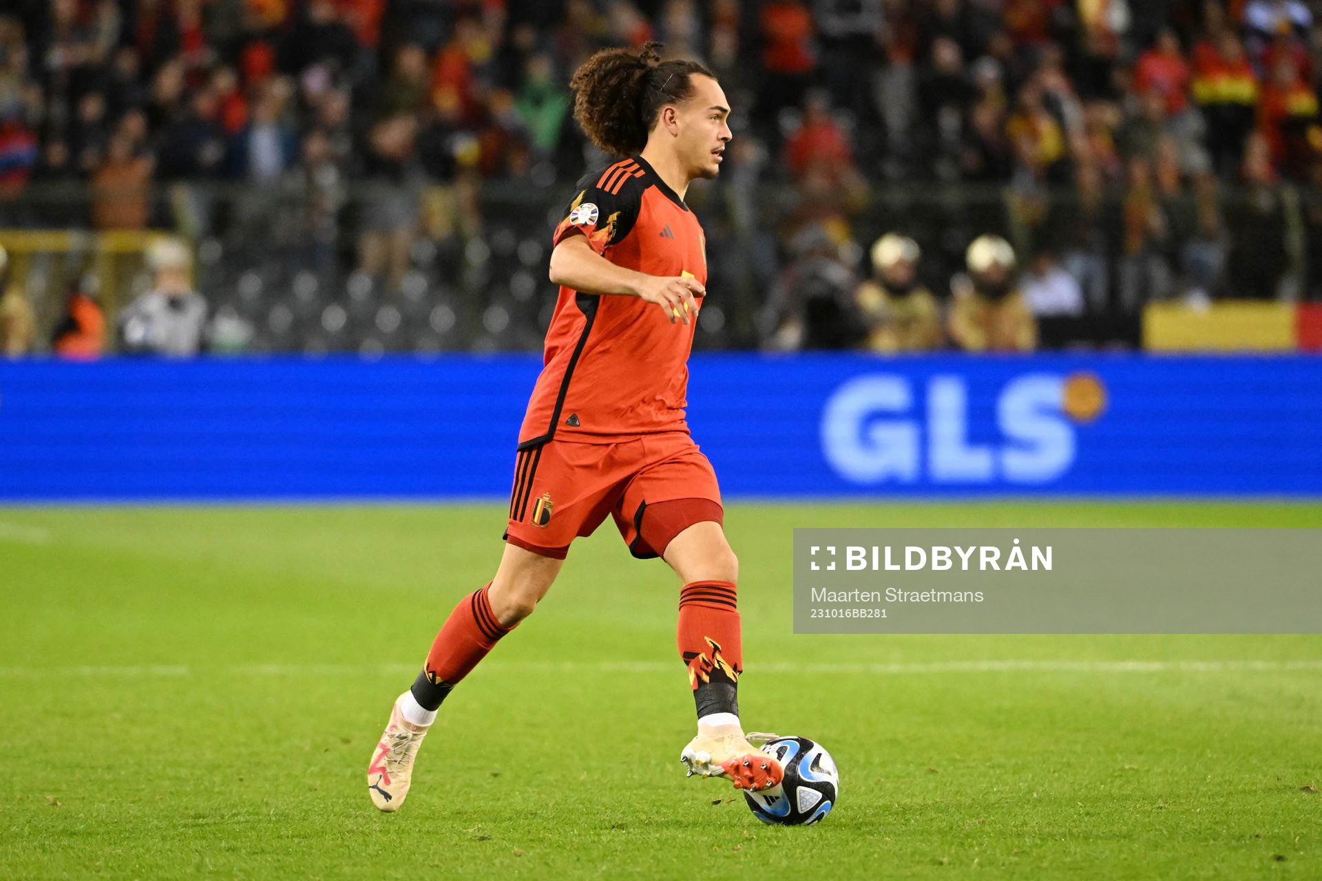 Arthur Theate of Belgium in action with the ball