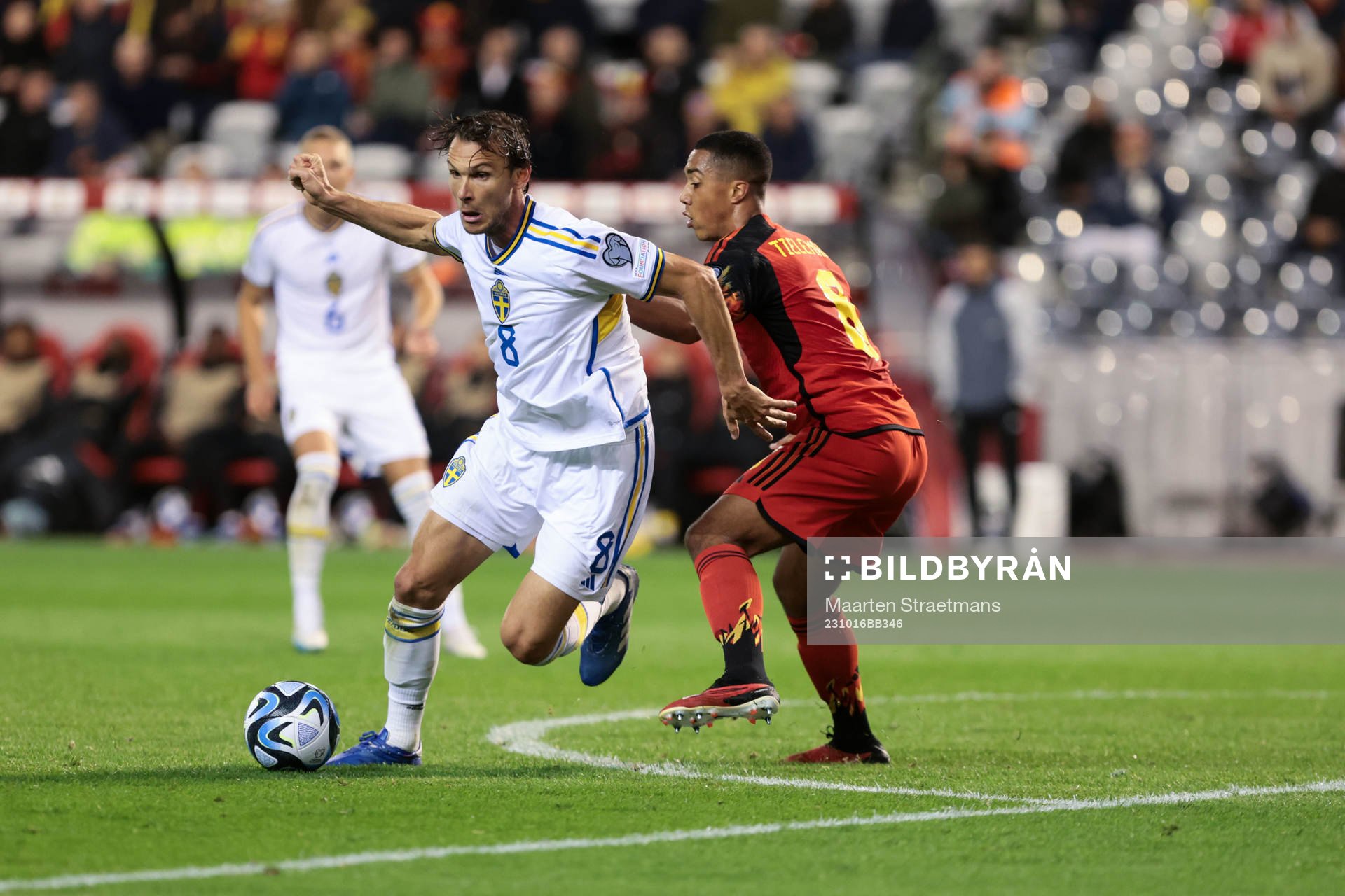 Football, UEFA Euro Qualifier, Belgium - Sweden:Albin Ekdal of Sweden battles for the ball with Youri Tielemans of Belgium during the seventh game in group F of the UEFA Qualifying Round of the European Championship 2024 between Belgium and Sweden on October 16, 2023 in Brussels, Belgium. (