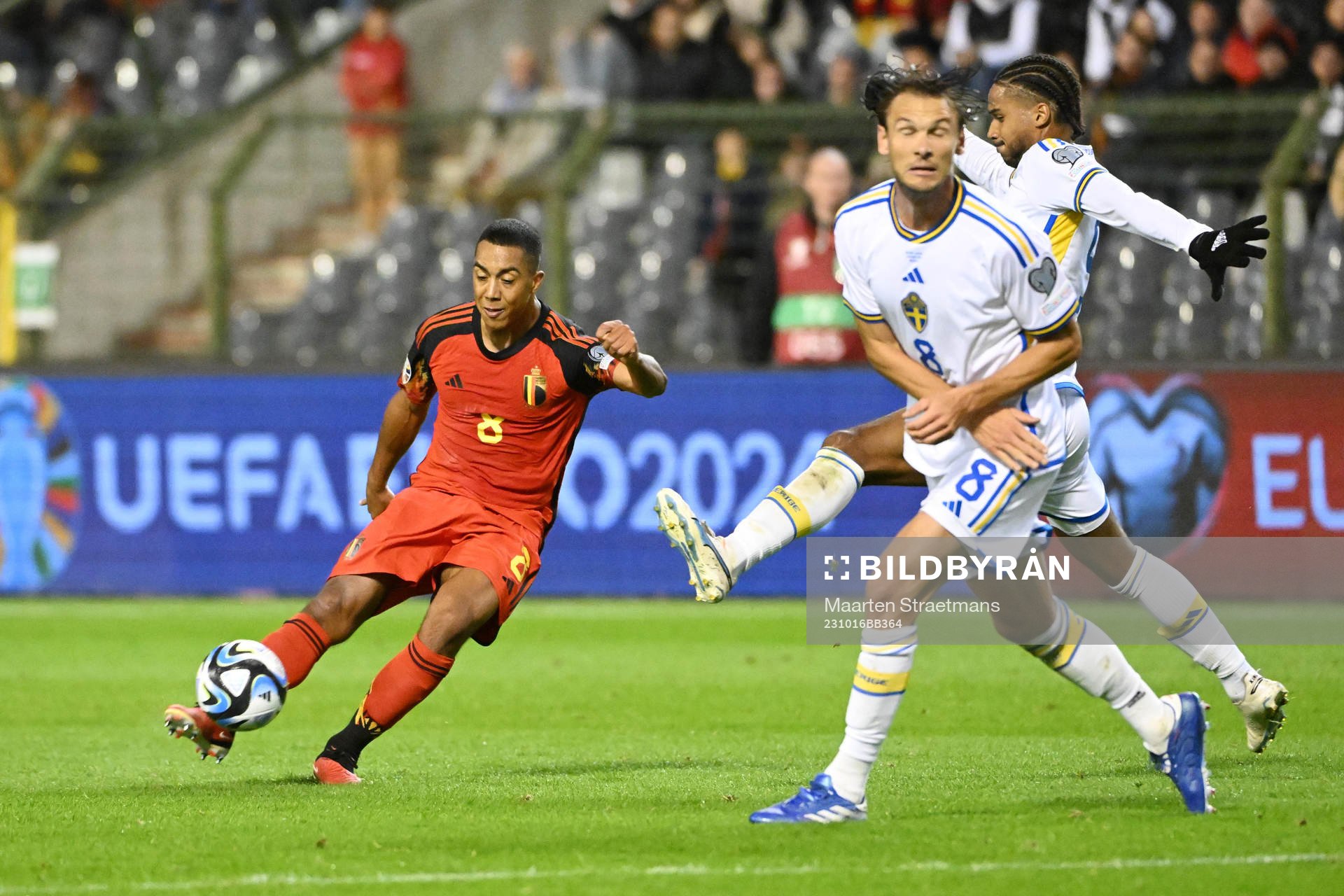 Youri Tielemans of Belgium battles for the ball with Albin