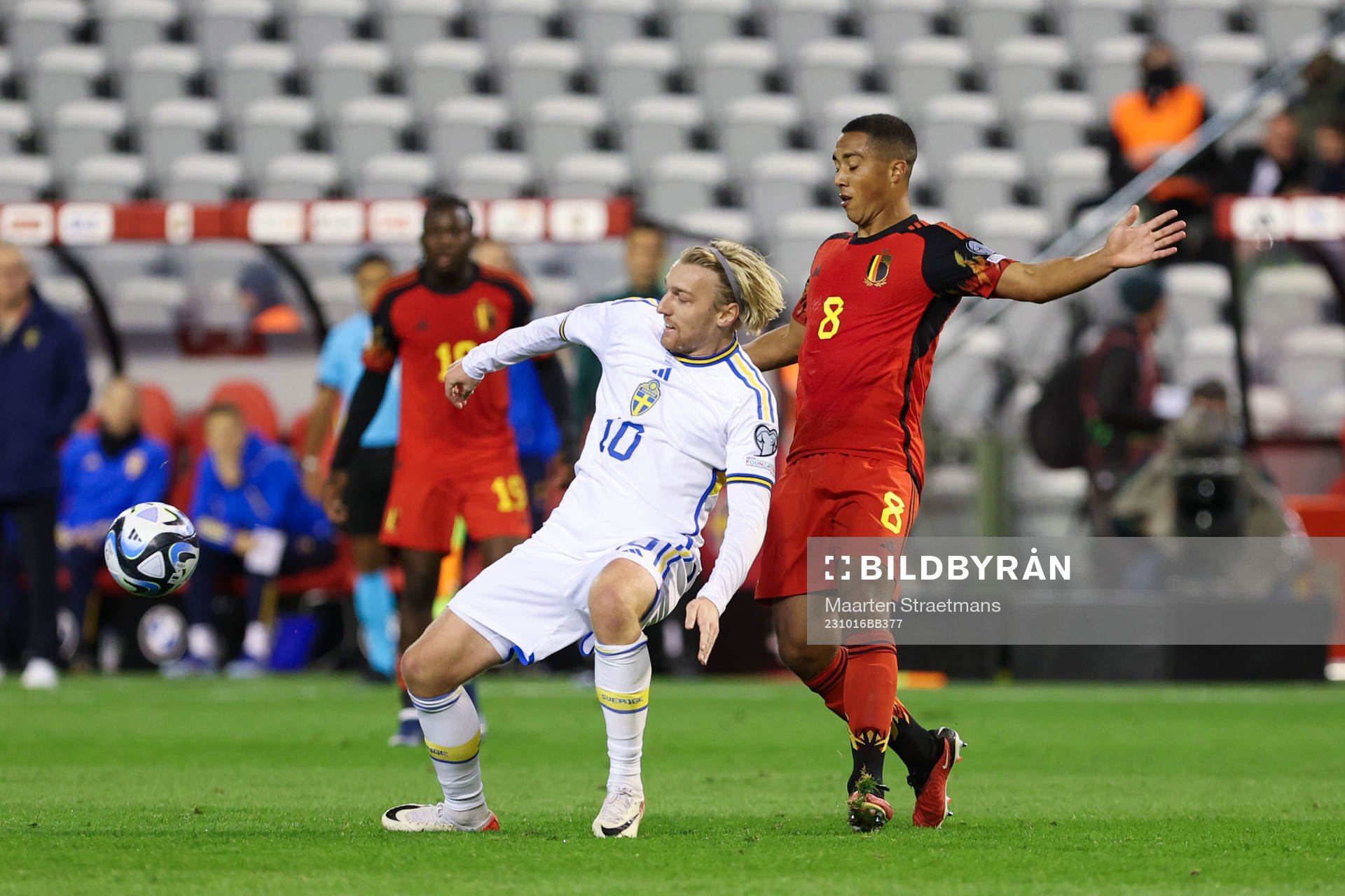 Football, UEFA Euro Qualifier, Belgium - Sweden:Emil Forsberg of Sweden battles for the ball with Youri Tielemans of Belgium during the seventh game in group F of the UEFA Qualifying Round of the European Championship 2024 between Belgium and Sweden on October 16, 2023 in Brussels, Belgium. (