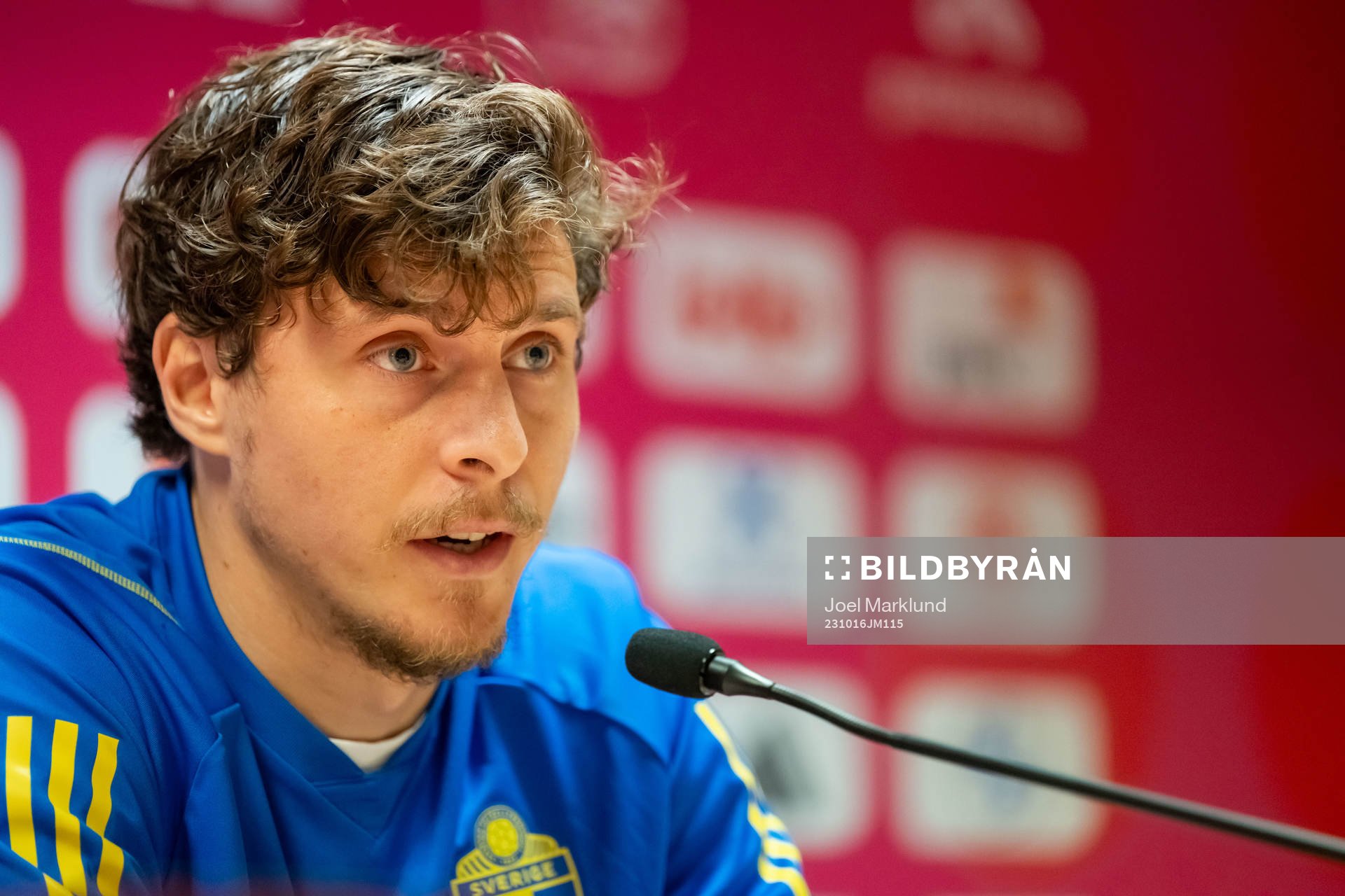 Victor Nilsson Lindelöf of Sweden during a press conference after the suspended UEFA Euro Qualifier football match between Belgium and Sweden on October 16, 2023 in Brussels.