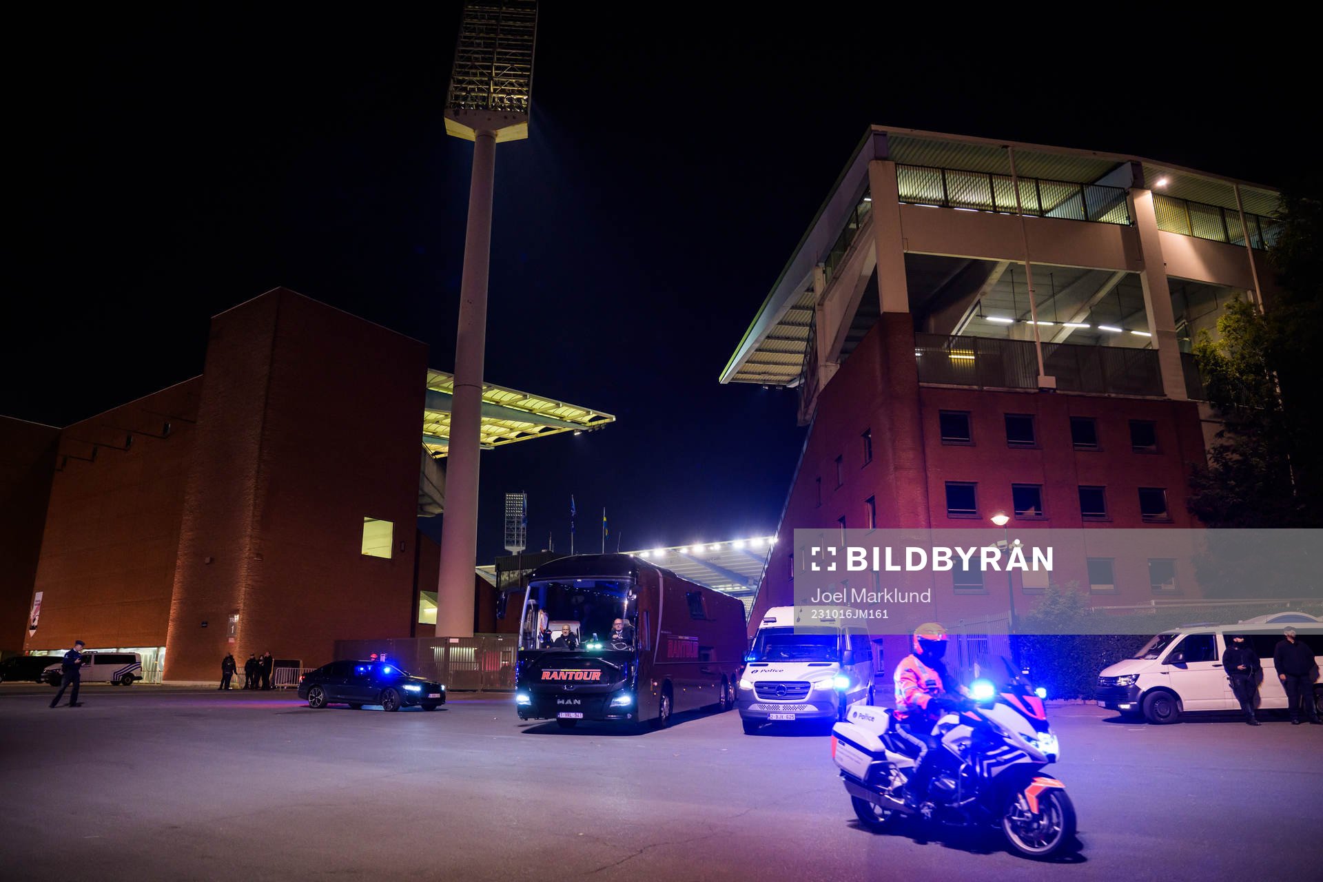 The bus transporting the Swedish team leaves King Baudouin Stadium after the UEFA Euro Qualifier football match between Belgium and Sweden on October 16, 2023 in Brussels.