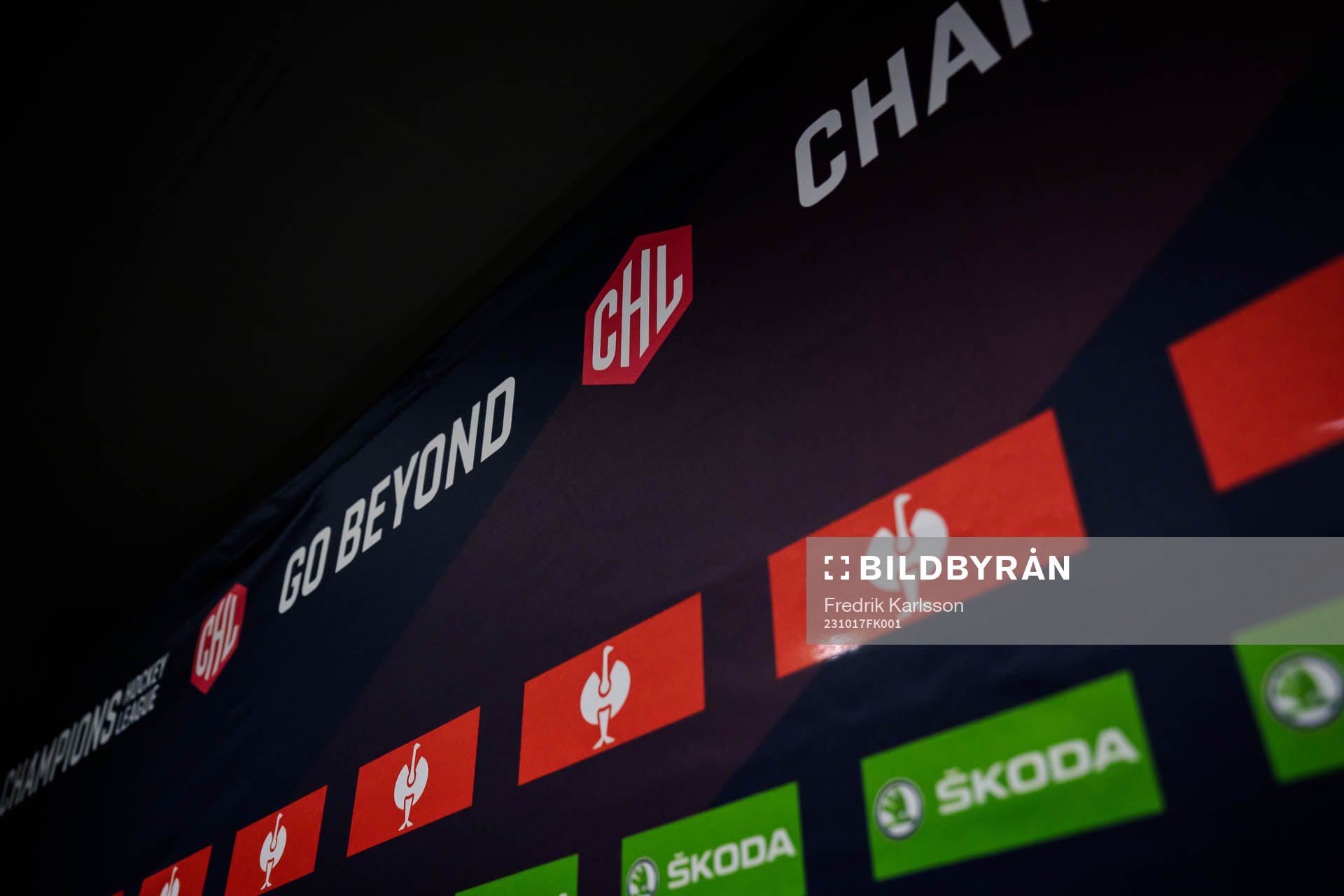 The CHL logo ahead the CHL game between Färjestad and