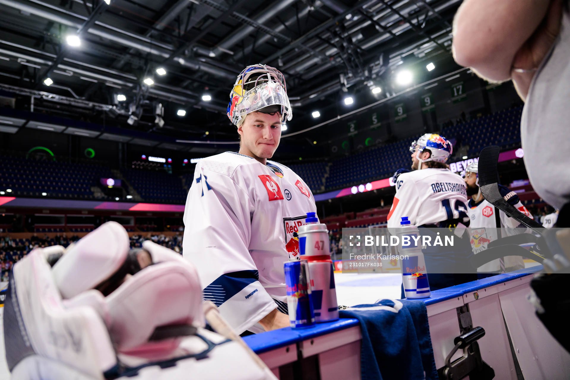 Goaltender Daniel Allavena of Munich looks dejected