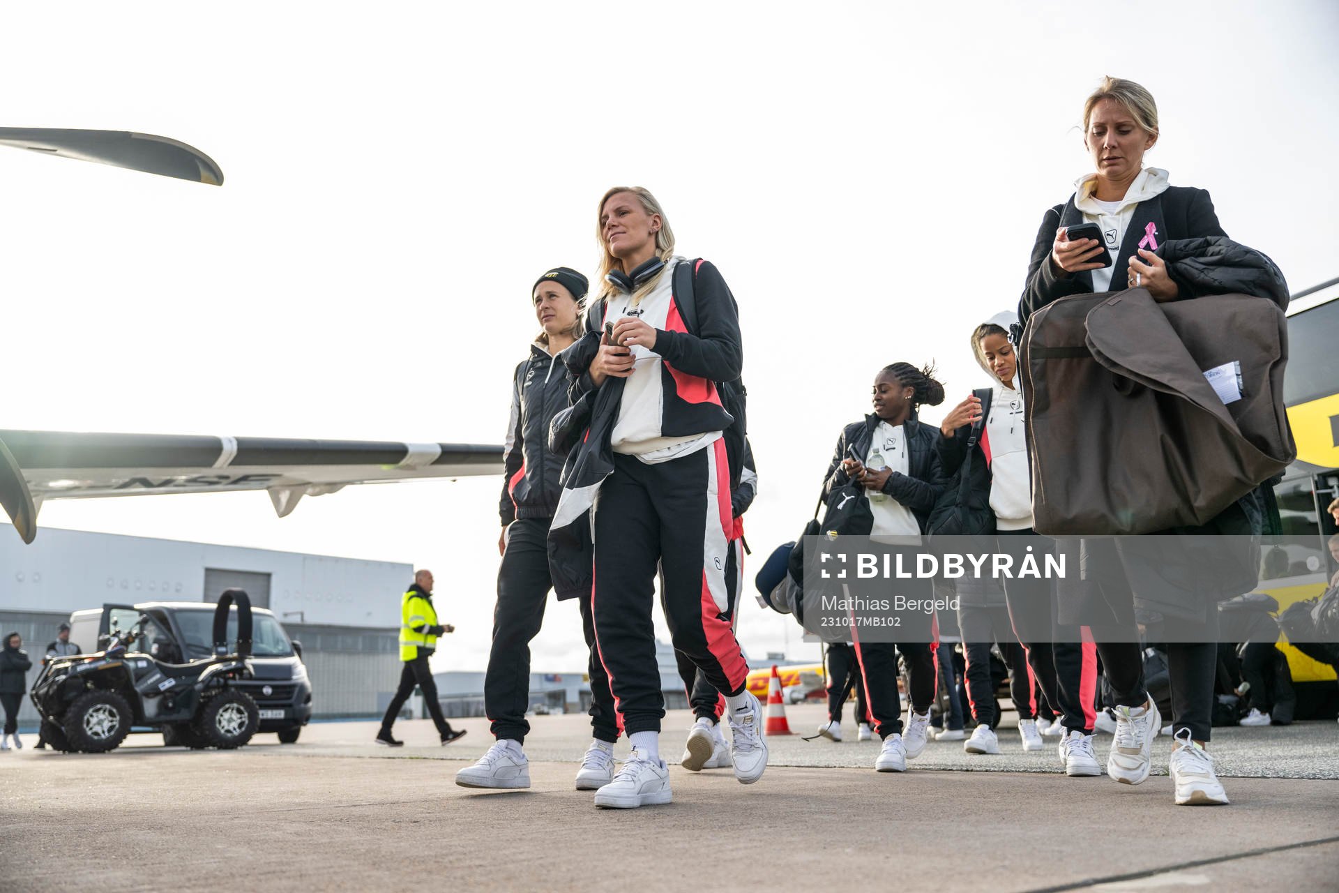 Filippa Curmark, Josefine Rybrink and vice CEO/head of communications Malin Fahlen of Häcken ahead of boarding a plane at Landvetter Airport on October 17, 2023 in Gothenburg.