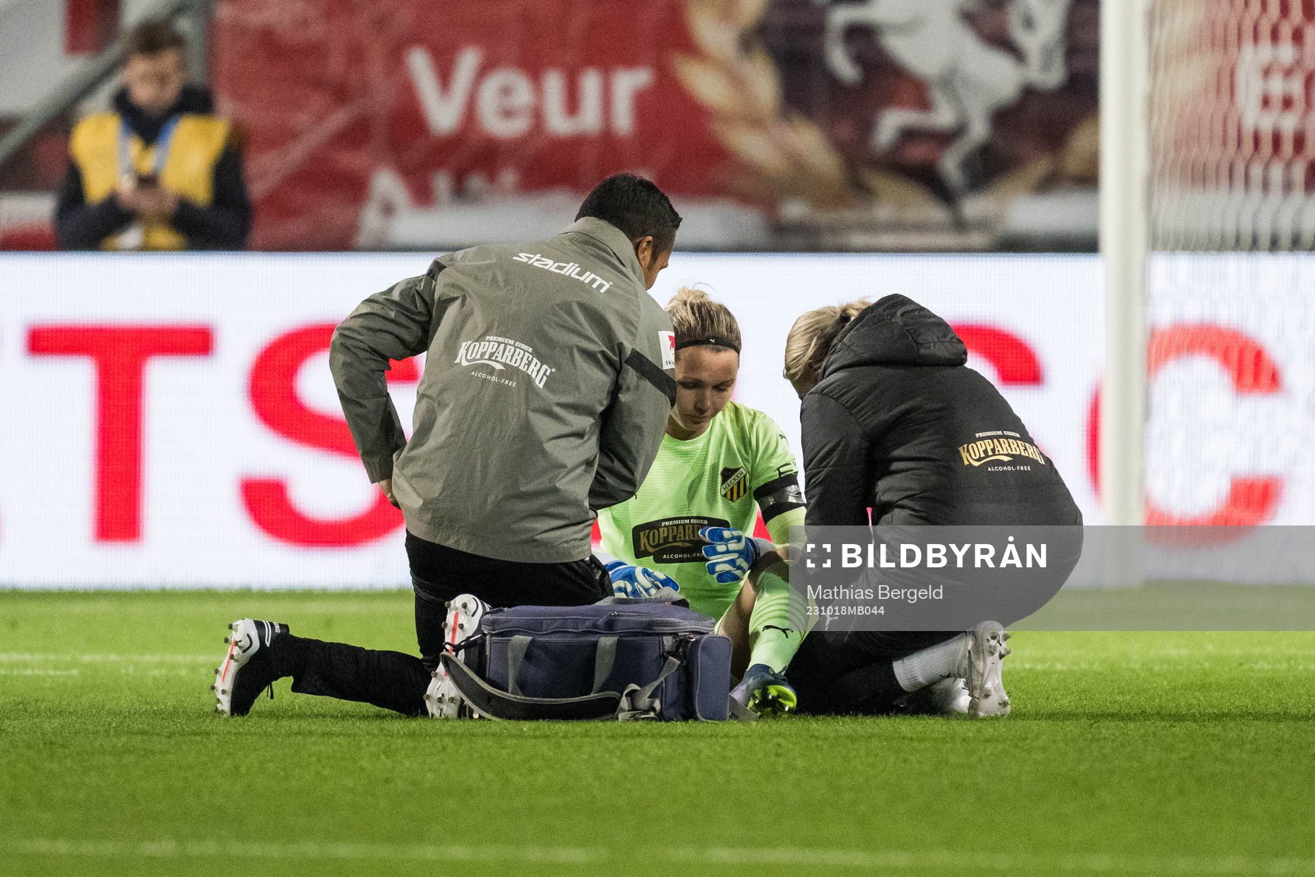Goalkeeper Jennifer Falk of Häcken receives medical