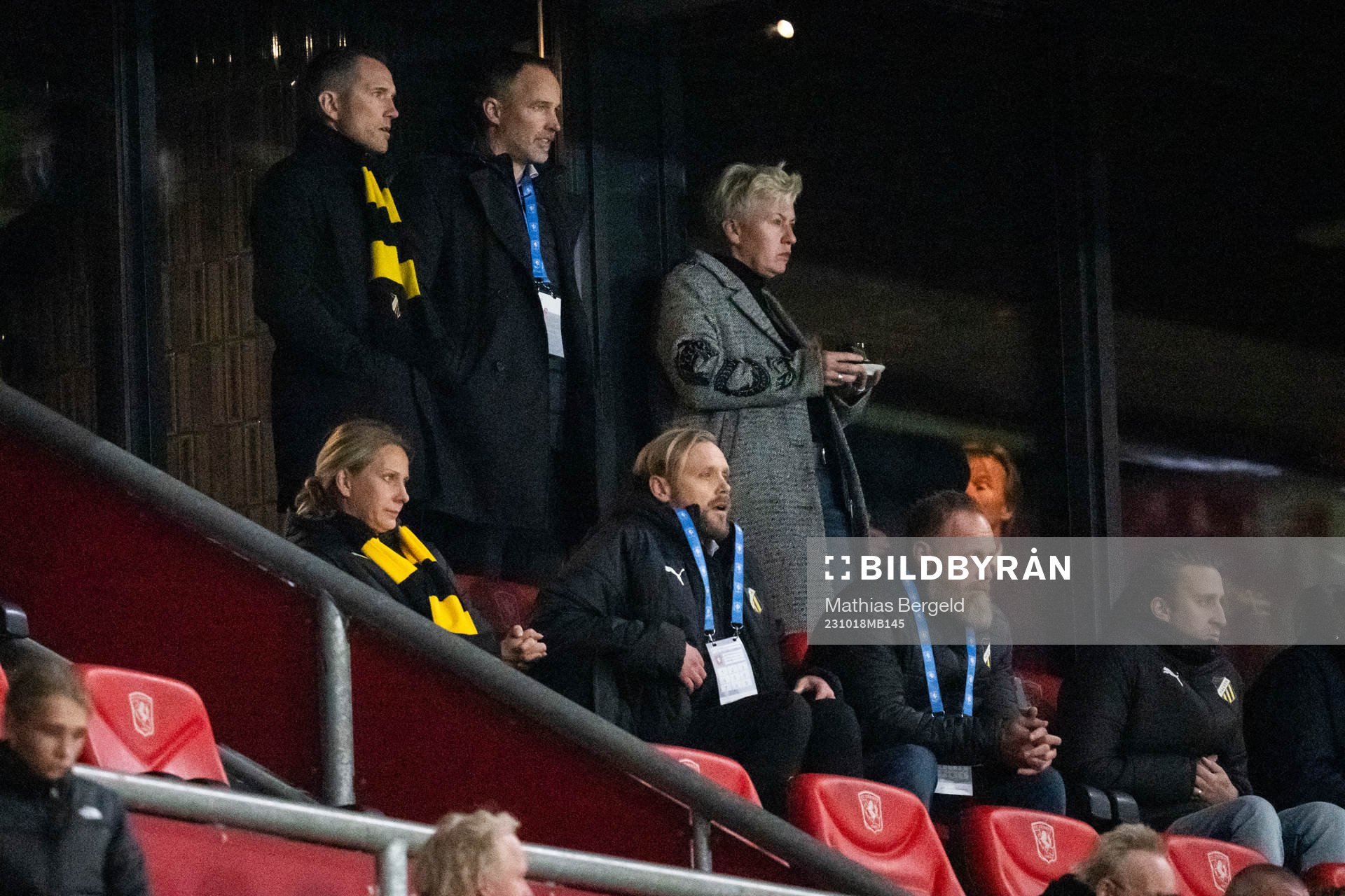 Sports director Martin Ericsson, football coordinator Christian Lundström, vice CEO / communications director Malin Fahlén and CEO Marcus Jodin of Häcken during the UEFA Women's Champions League qualifying match between Twente and Häcken on October 18, 2023 in Enschede.