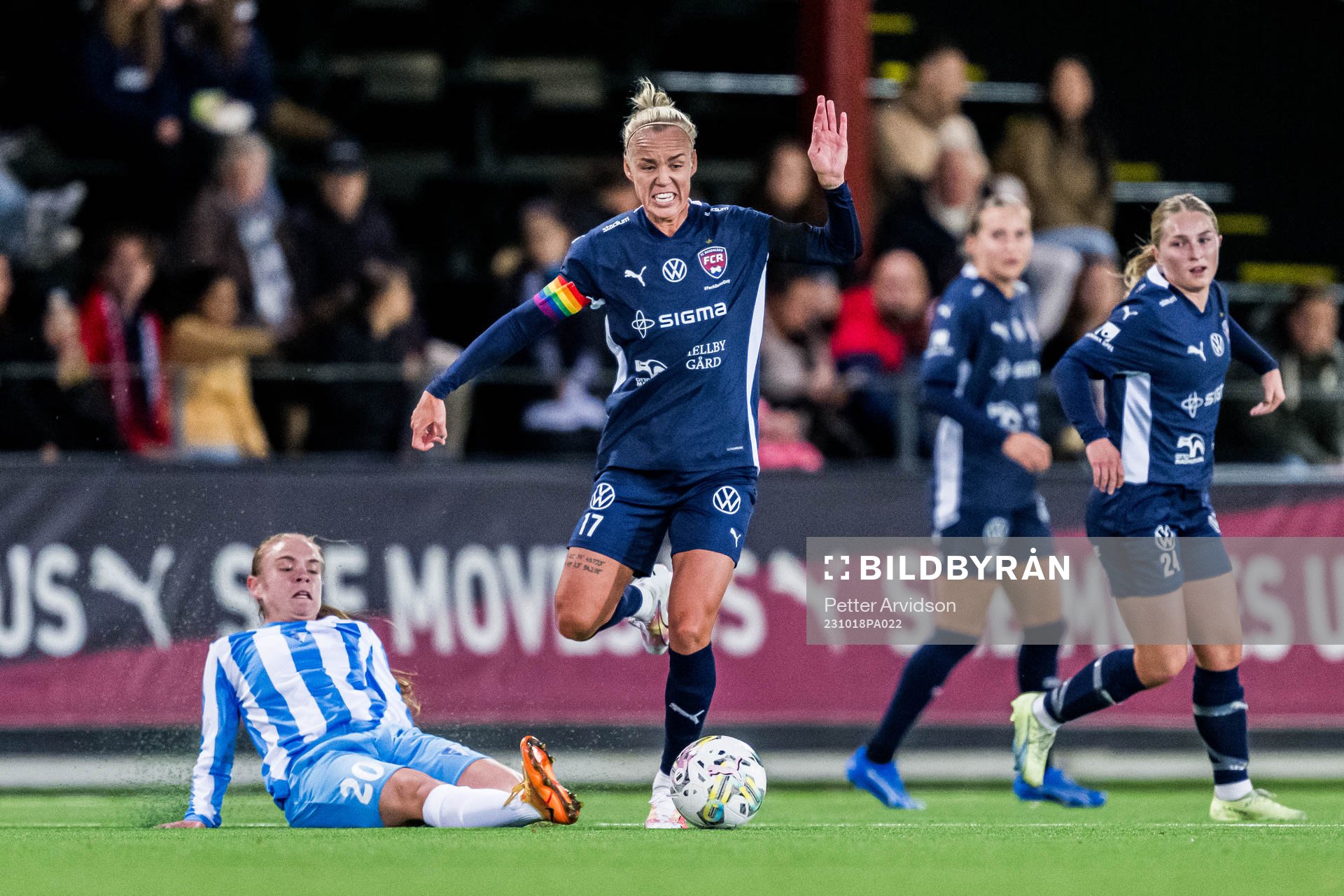 Anastasija Ciric of Spartak Subotica and Caroline Seger of Rosengård during the UEFA Women's Champions League qualifying match between FC Rosengård and Spartak Subotica on October 18, 2023 in Malmö.