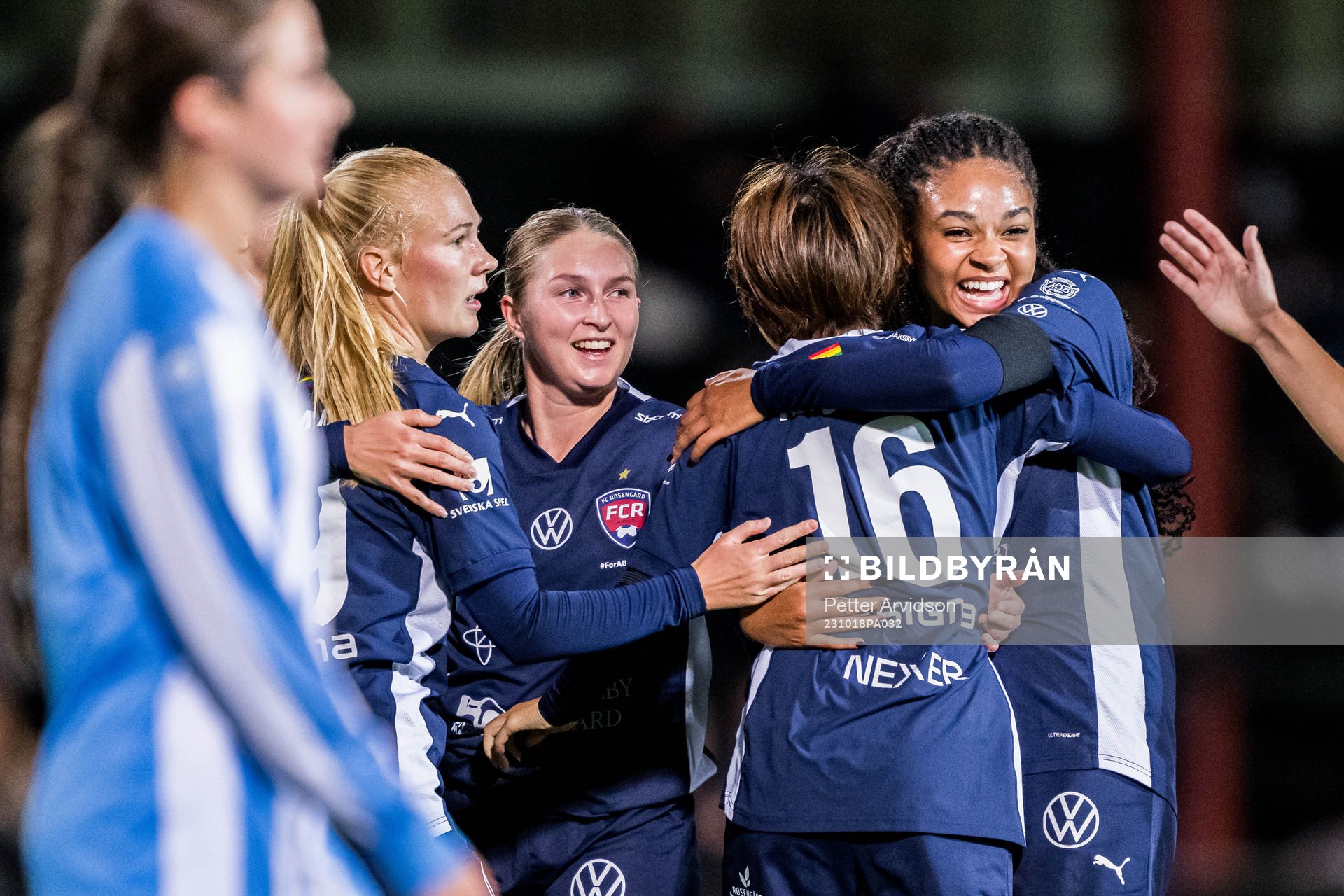 Isabella Bryld Obaze and Mai Kadowaki of Rosengård celebrate after 1-0 during the UEFA Women's Champions League qualifying match between FC Rosengård and Spartak Subotica on October 18, 2023 in Malmö. 