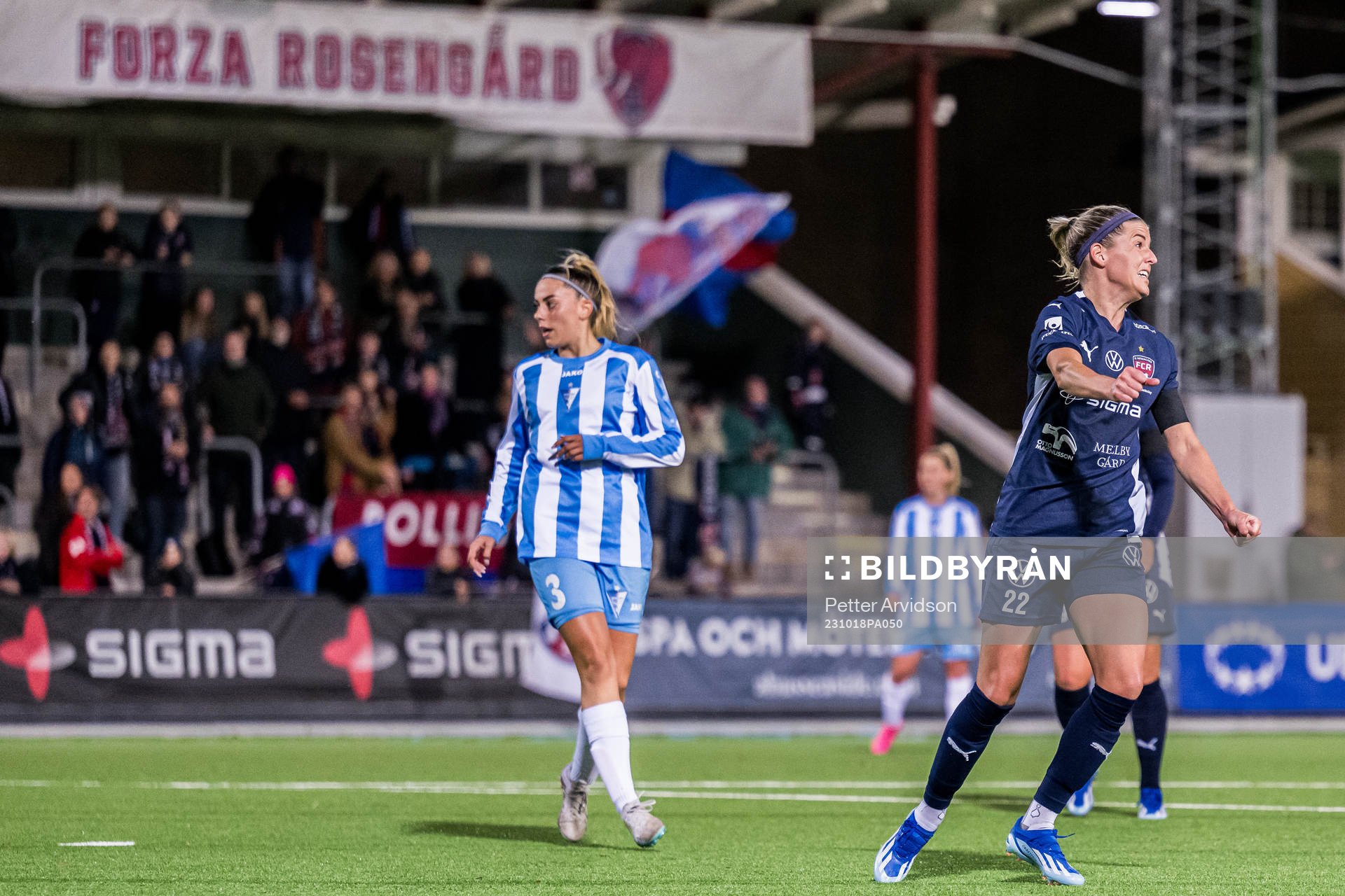 Olivia Schough of Rosengård celebrates after 3-0 during the UEFA Women's Champions League qualifying match between FC Rosengård and Spartak Subotica on October 18, 2023 in Malmö.